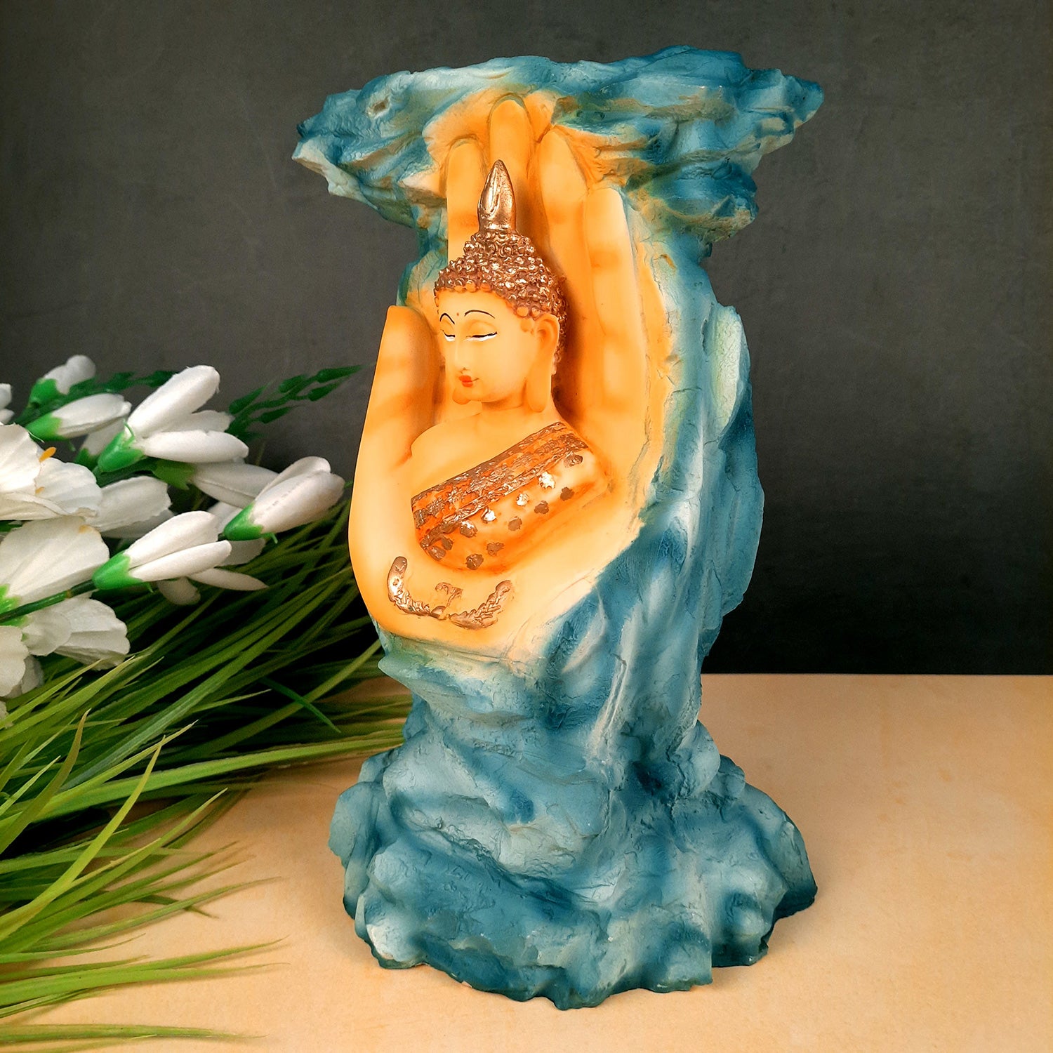 Buddha Statue Cum Vase | Flower Pot with Lord Gautam Buddha Showpiece - for Living Room, Home, Table, Office Decor & Gift- 11 inch(Blue)- Apkamart