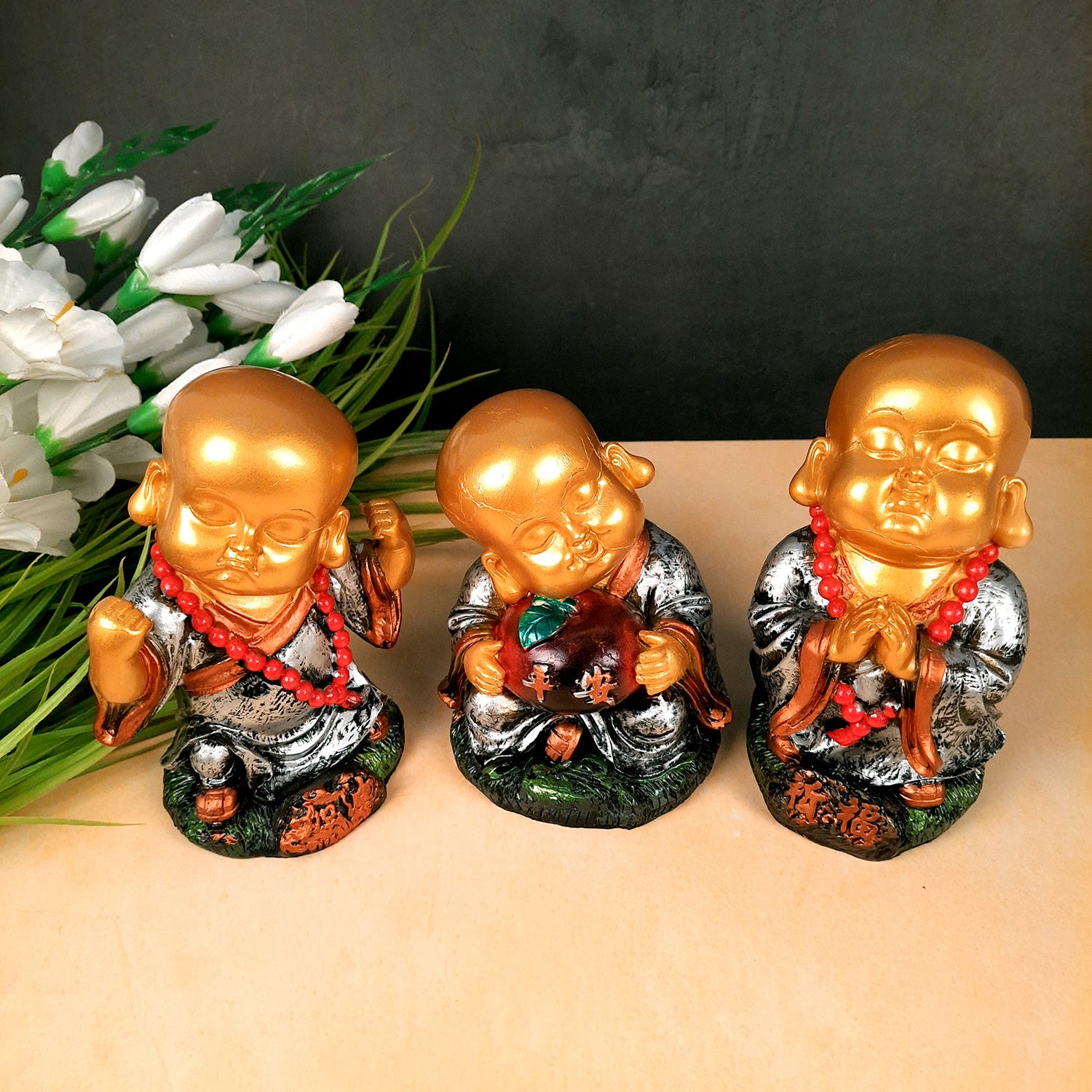 Buddha Baby Monk Showpiece Set | Child Monk Feng Shui Decor - For Good Luck, Home, Table, Office Decor, Garden & Gift - 5 Inch (Set of 3) - Apkamart