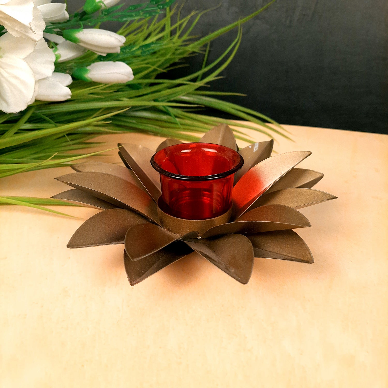 Tea Light Candle Holder - Lotus Design | Candle T Light Stand with Glass Cup - for Home, Table, Shelf, Dining Table Decor - 7 Inch - Apkamart