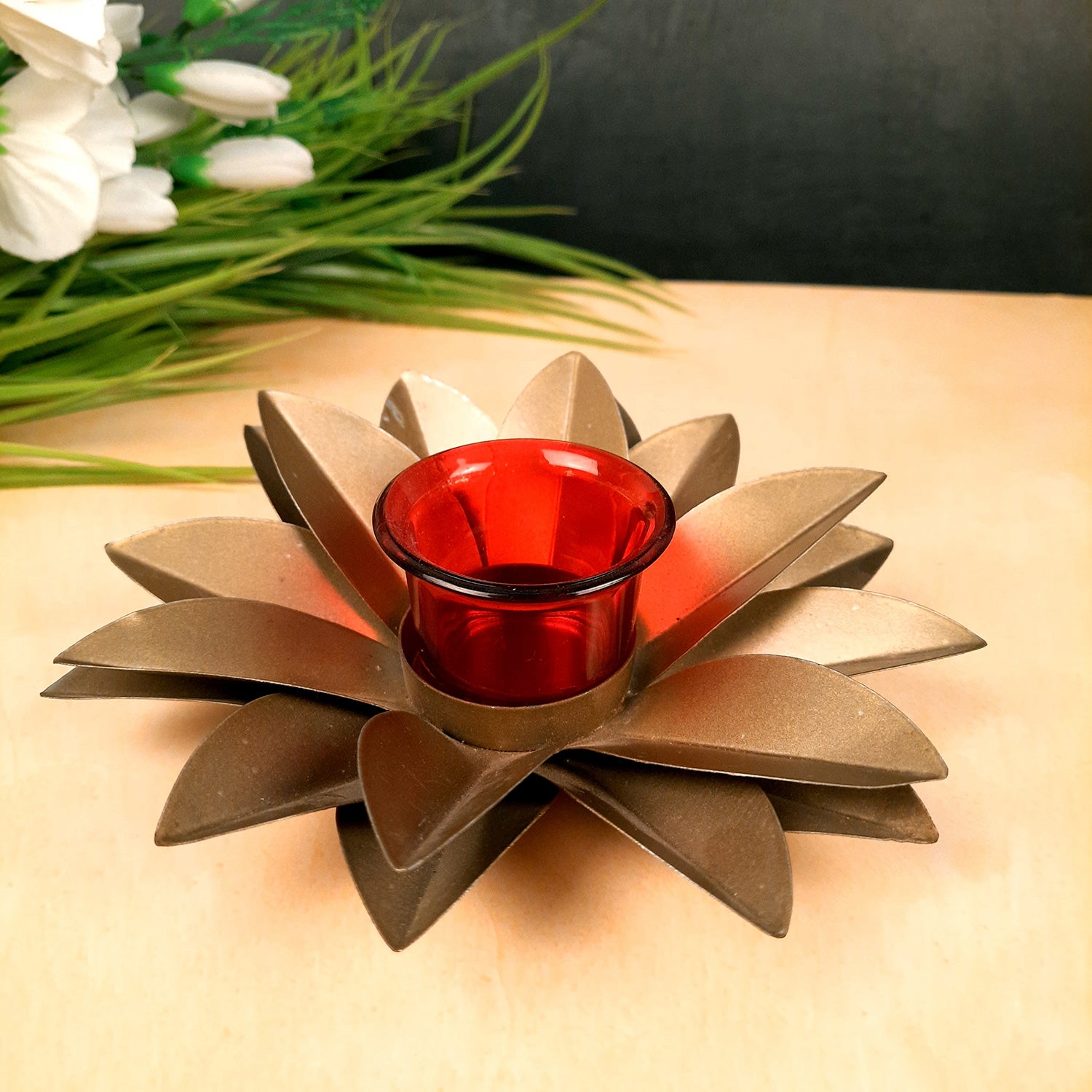 Tea Light Candle Holder - Lotus Design | Candle T Light Stand with Glass Cup - for Home, Table, Shelf, Dining Table Decor - 7 Inch - Apkamart