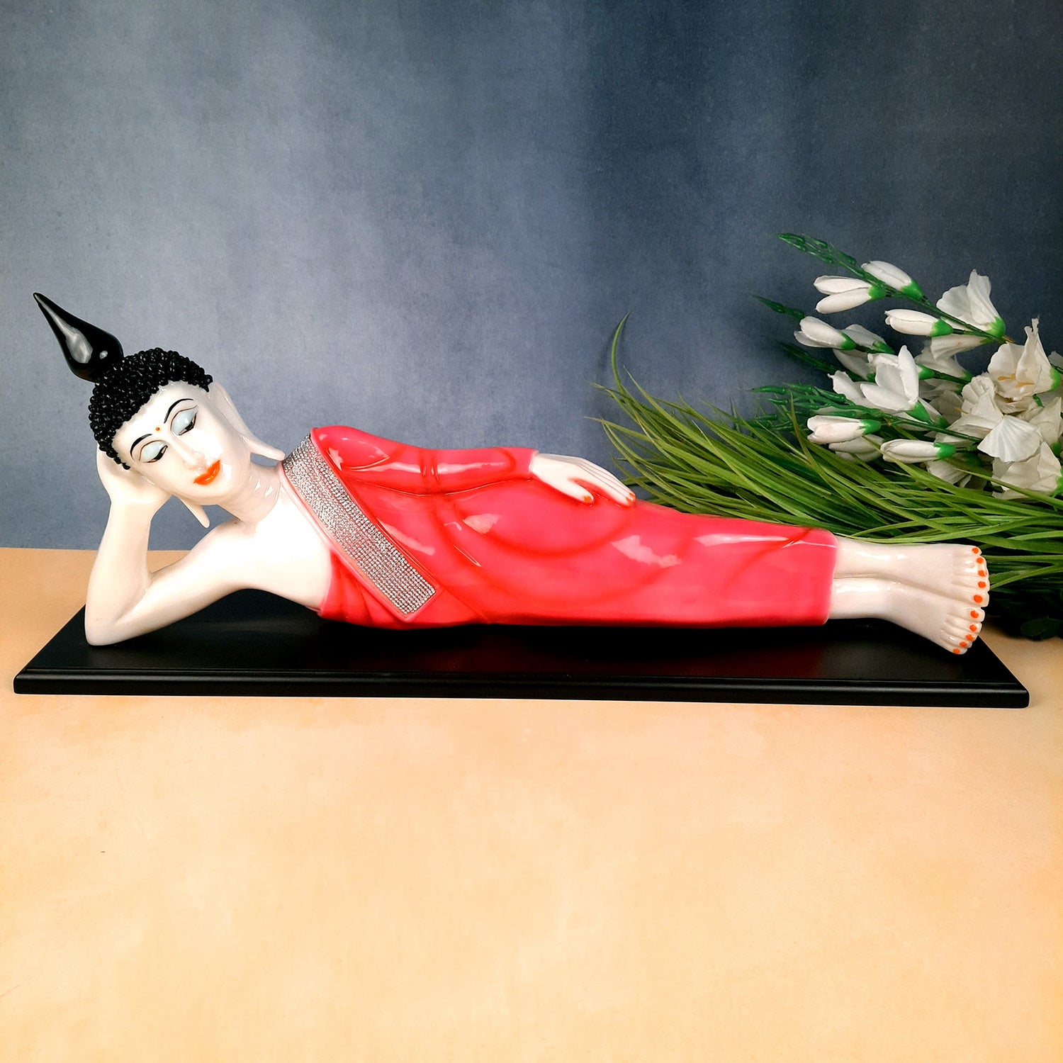 Buddha Statue | Lord Gautam Buddha Idol Showpiece -in Relaxing Pose - for Living Room, Home, Table, Office Decor & Gift - 13 inch (Pink)- Apkamart