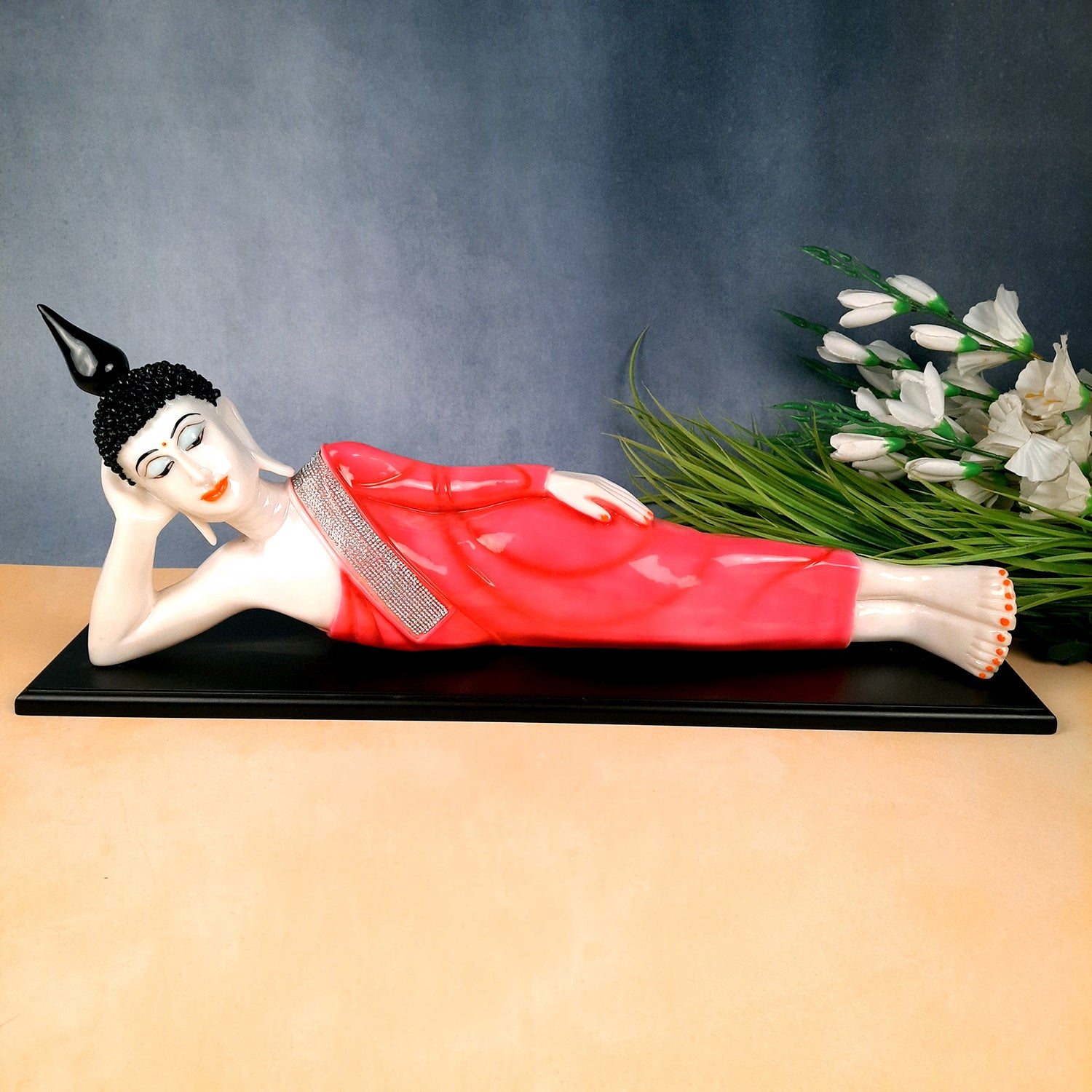 Buddha Statue | Lord Gautam Buddha Idol Showpiece -in Relaxing Pose - for Living Room, Home, Table, Office Decor & Gift - 13 inch (Pink)- Apkamart