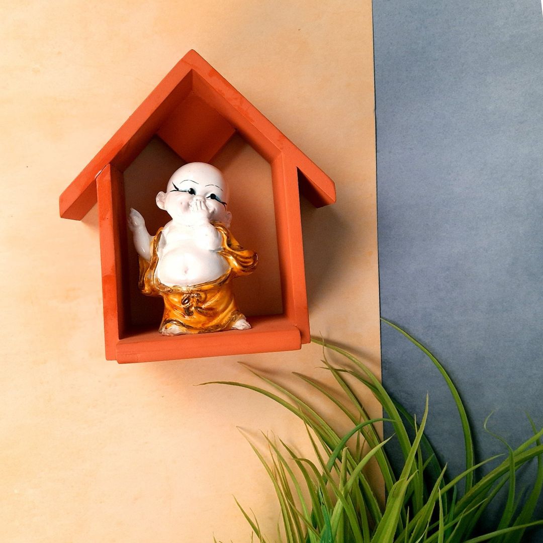 Buddha Baby Monk Showpiece - Hut Design | Wall Hanging Cum Table Feng Shui Decor - For Good Luck, Home, Wall Table, Office Decor & Gift - 7 Inch - Apkamart
