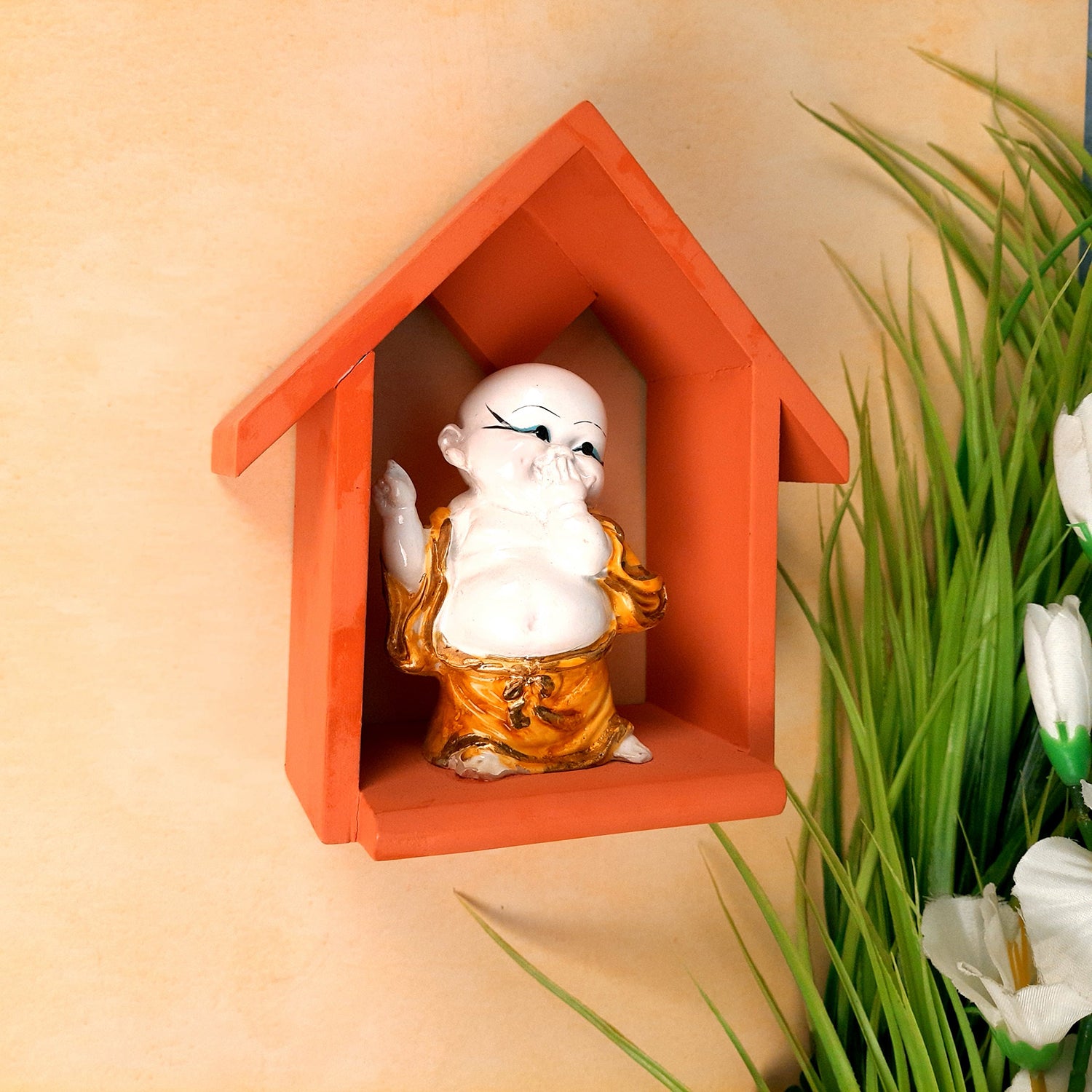 Buddha Baby Monk Showpiece - Hut Design | Wall Hanging Cum Table Feng Shui Decor - For Good Luck, Home, Wall Table, Office Decor & Gift - 7 Inch - Apkamart