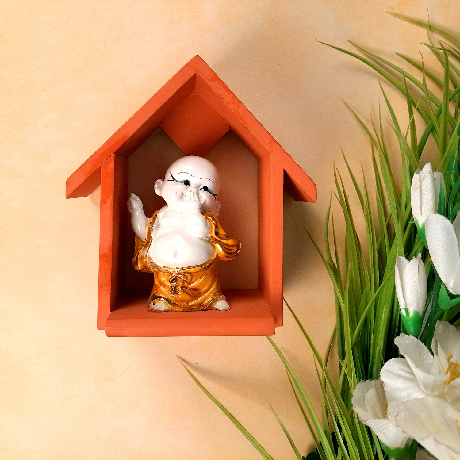 Buddha Baby Monk Showpiece - Hut Design | Wall Hanging Cum Table Feng Shui Decor - For Good Luck, Home, Wall Table, Office Decor & Gift - 7 Inch - Apkamart