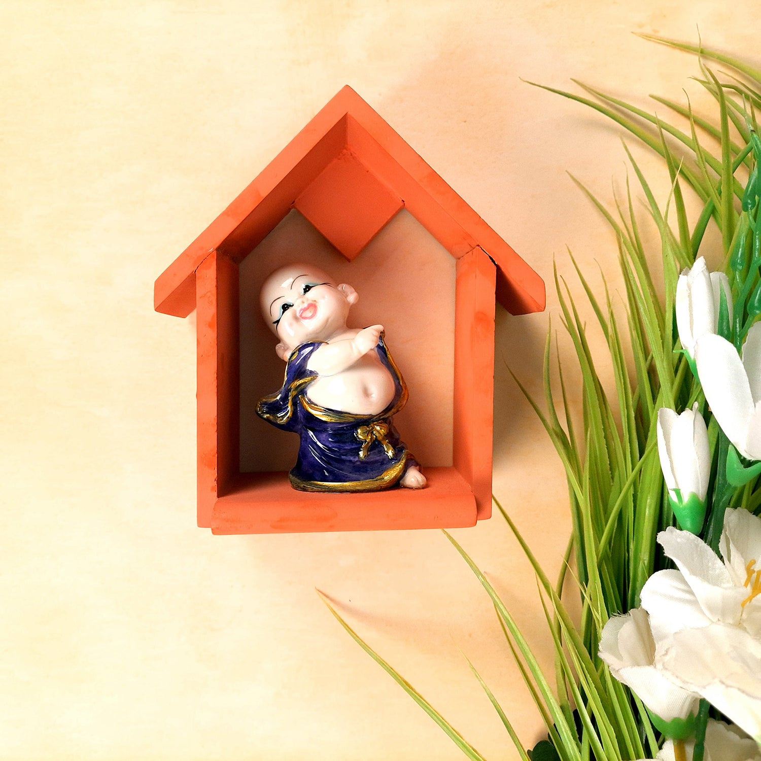 Buddha Baby Monk Showpiece - Hut Design | Wall Hanging Cum Table Feng Shui Decor - For Good Luck, Home, Wall Table, Office Decor & Gift - 7 Inch - Apkamart