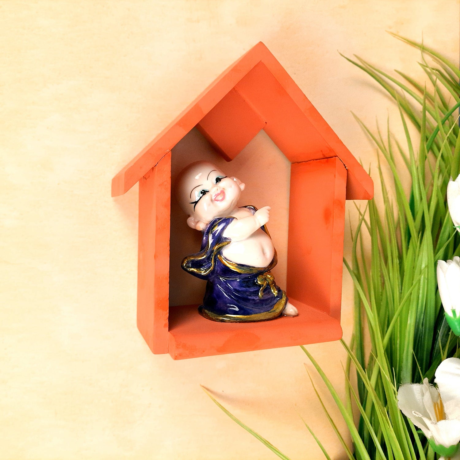 Buddha Baby Monk Showpiece - Hut Design | Wall Hanging Cum Table Feng Shui Decor - For Good Luck, Home, Wall Table, Office Decor & Gift - 7 Inch - Apkamart