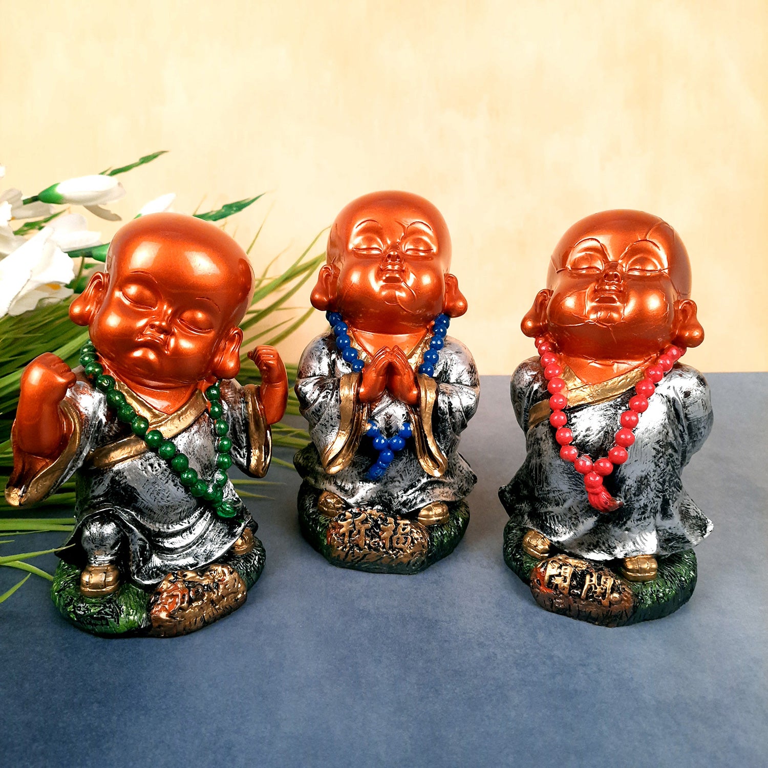 Baby Monk Showpiece Set | Buddha Feng Shui Decor - for Car Dashboard, Good Luck, Home, Table, Office Decor & Gift- 4 inch (Set of 3)- apkamart