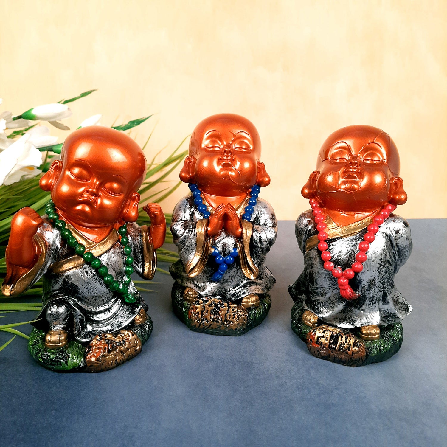 Baby Monk Showpiece Set | Buddha Feng Shui Decor - for Car Dashboard, Good Luck, Home, Table, Office Decor & Gift- 4 inch (Set of 3)- apkamart