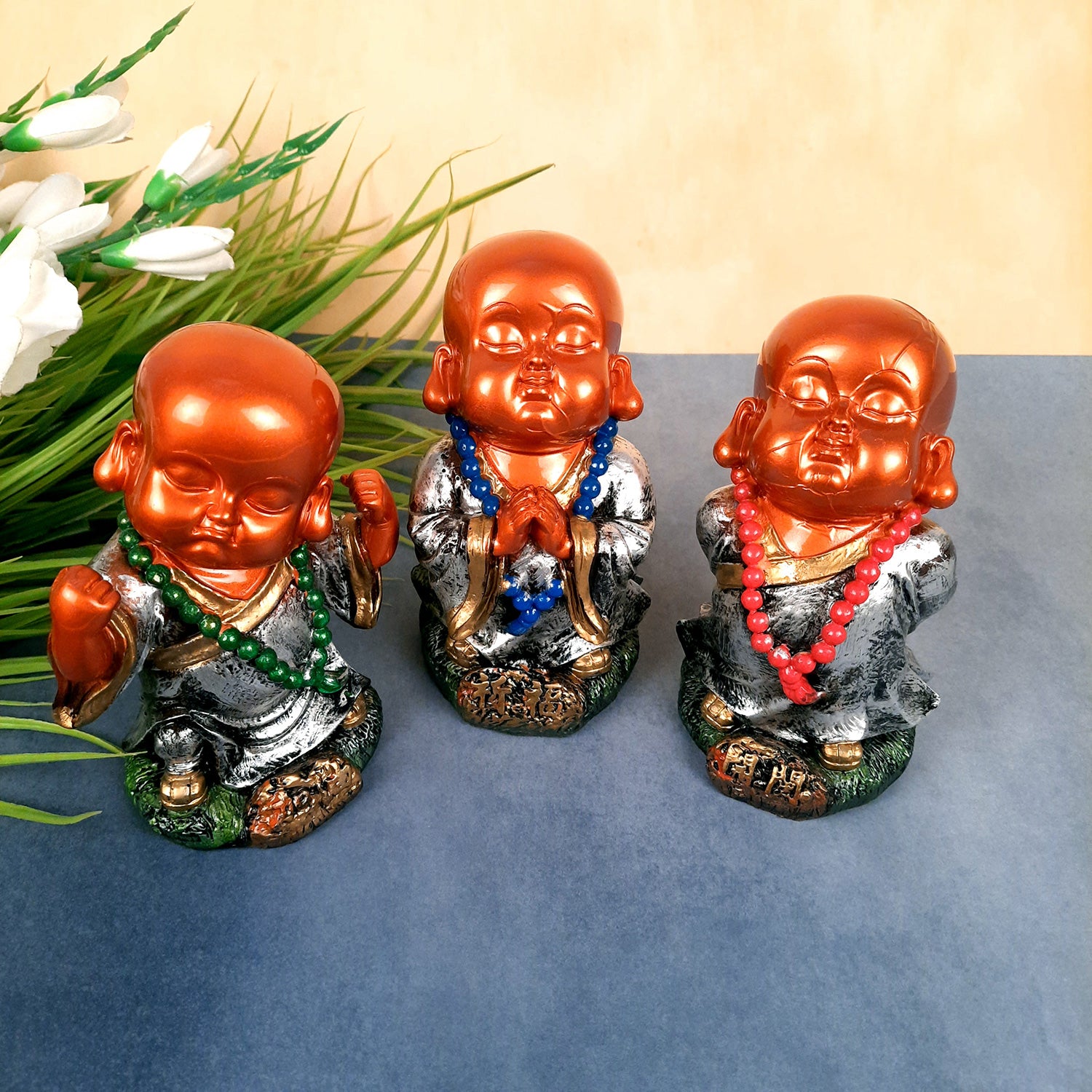 Baby Monk Showpiece Set | Buddha Feng Shui Decor - for Car Dashboard, Good Luck, Home, Table, Office Decor & Gift- 4 inch (Set of 3)- apkamart