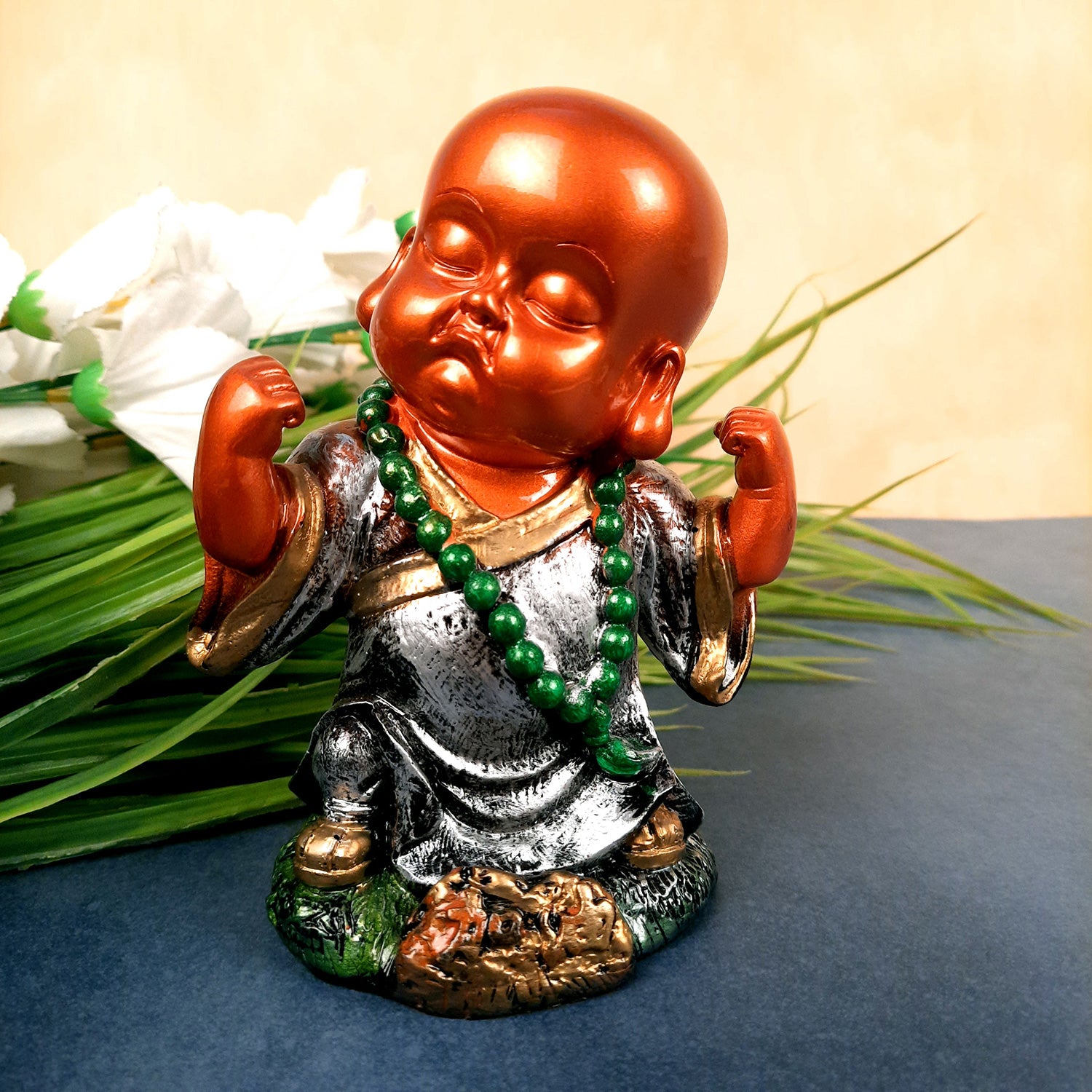 Baby Monk Showpiece Statue | Cute Buddha Feng Shui Decor - for Car Dashboard, Good Luck, Home, Table, Office Decor & Gift- 6.5 inch- Apkamart