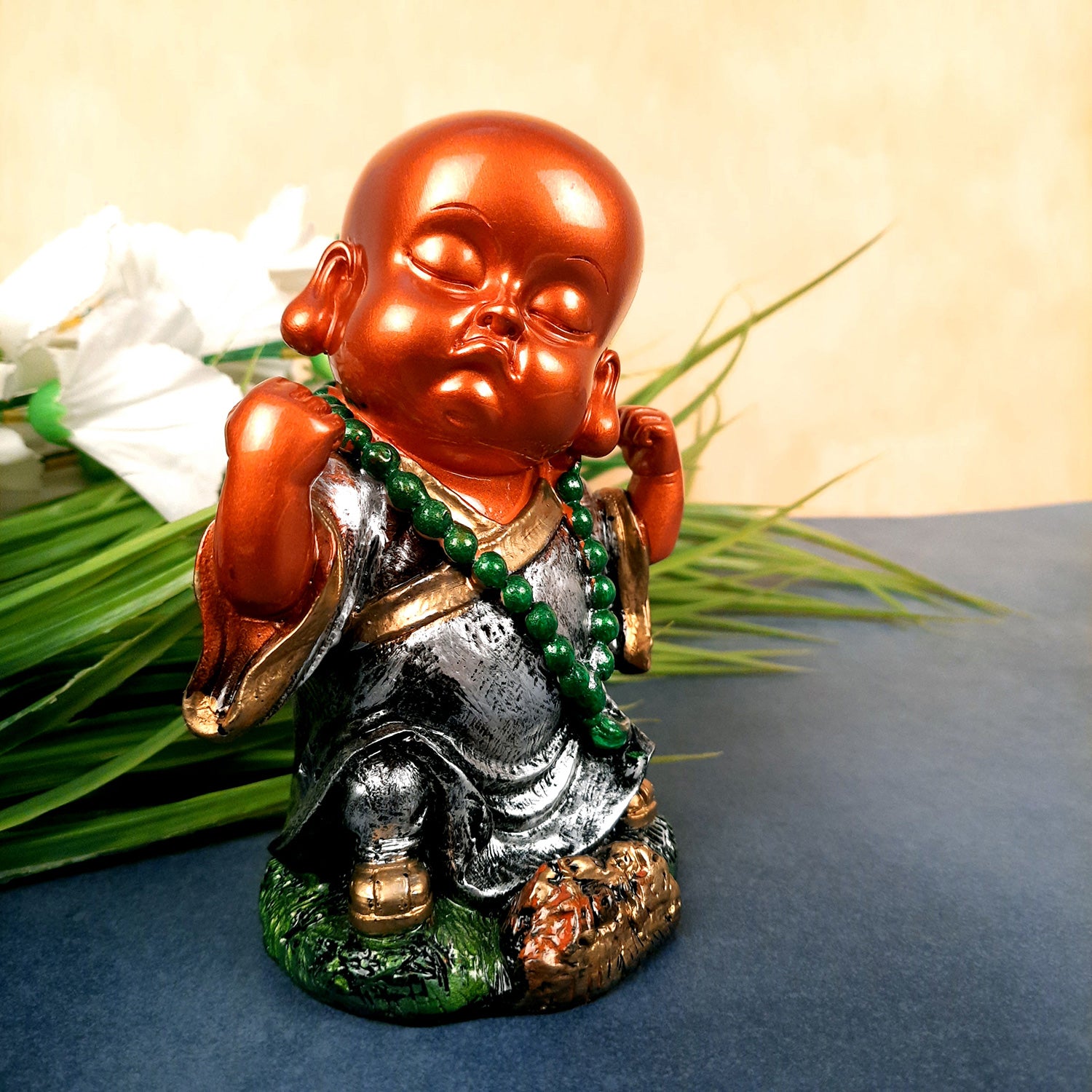Baby Monk Showpiece Statue | Cute Buddha Feng Shui Decor - for Car Dashboard, Good Luck, Home, Table, Office Decor & Gift- 6.5 inch- Apkamart