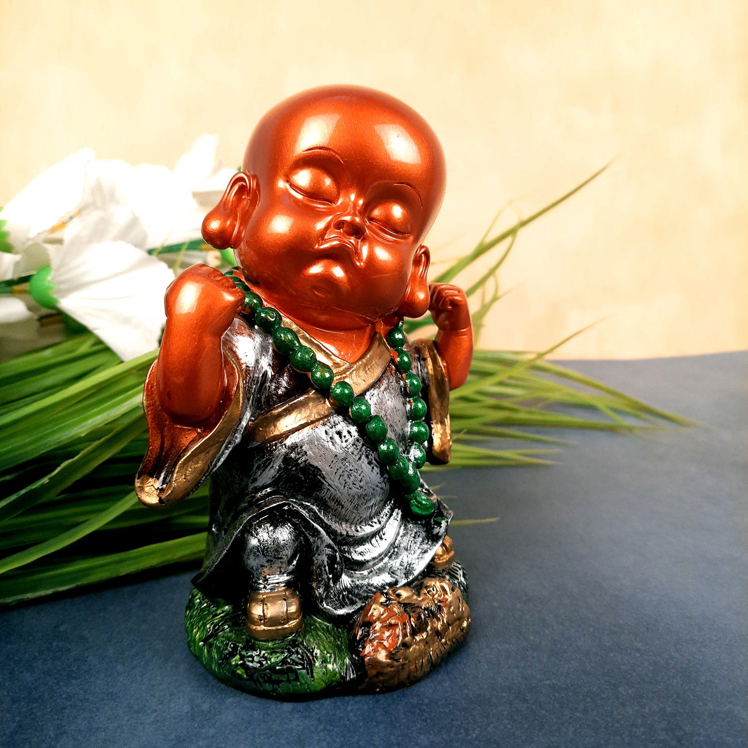 Baby Monk Showpiece Set | Buddha Feng Shui Decor - for Car Dashboard, Good Luck, Home, Table, Office Decor & Gift- 4 inch (Set of 3)- apkamart