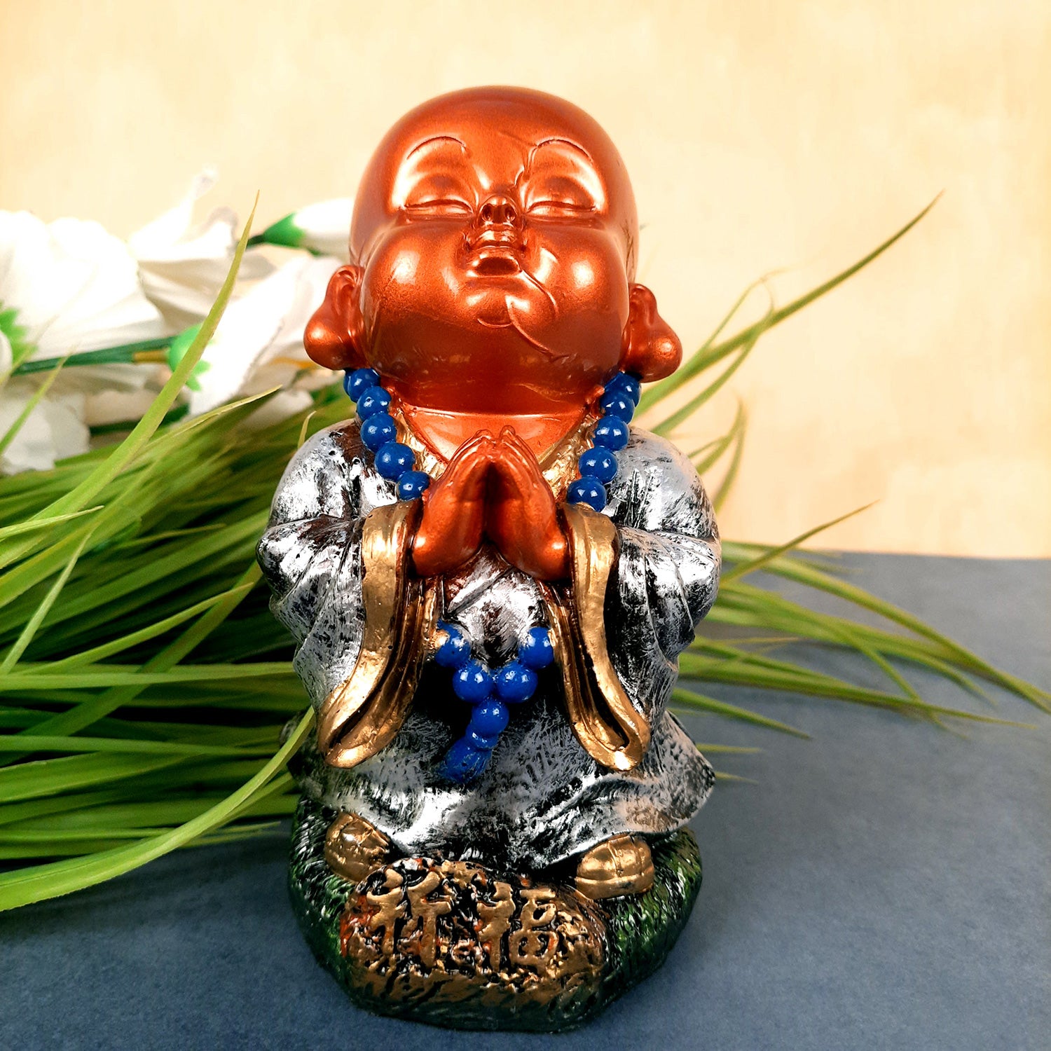 Baby Monk Showpiece Set | Buddha Feng Shui Decor - for Car Dashboard, Good Luck, Home, Table, Office Decor & Gift- 4 inch (Set of 3)- apkamart