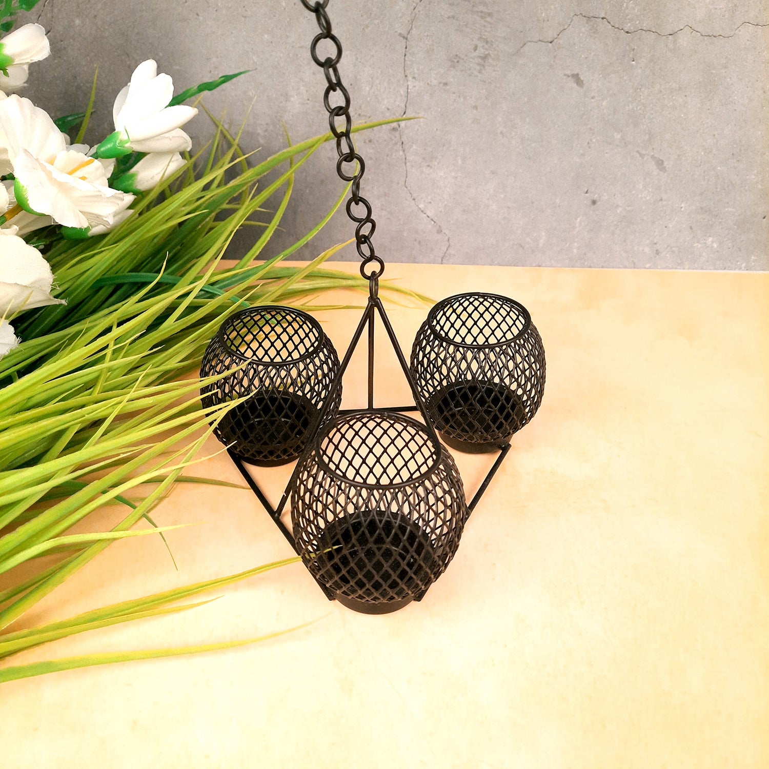 Tealight Candle Holder | Hanging T - Light Candle Stand With 3 Slots - For Home, Wall, Living Room, & Office Decor - 12 Inch - Apkamart