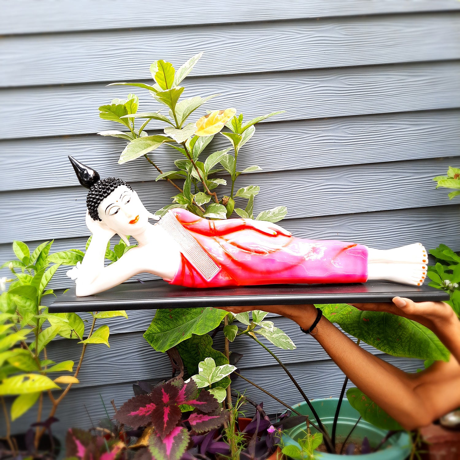 Buddha Statue | Lord Gautam Buddha Idol Showpiece -in Relaxing Pose - for Living Room, Home, Table, Office Decor & Gift - 13 inch (Pink)- Apkamart