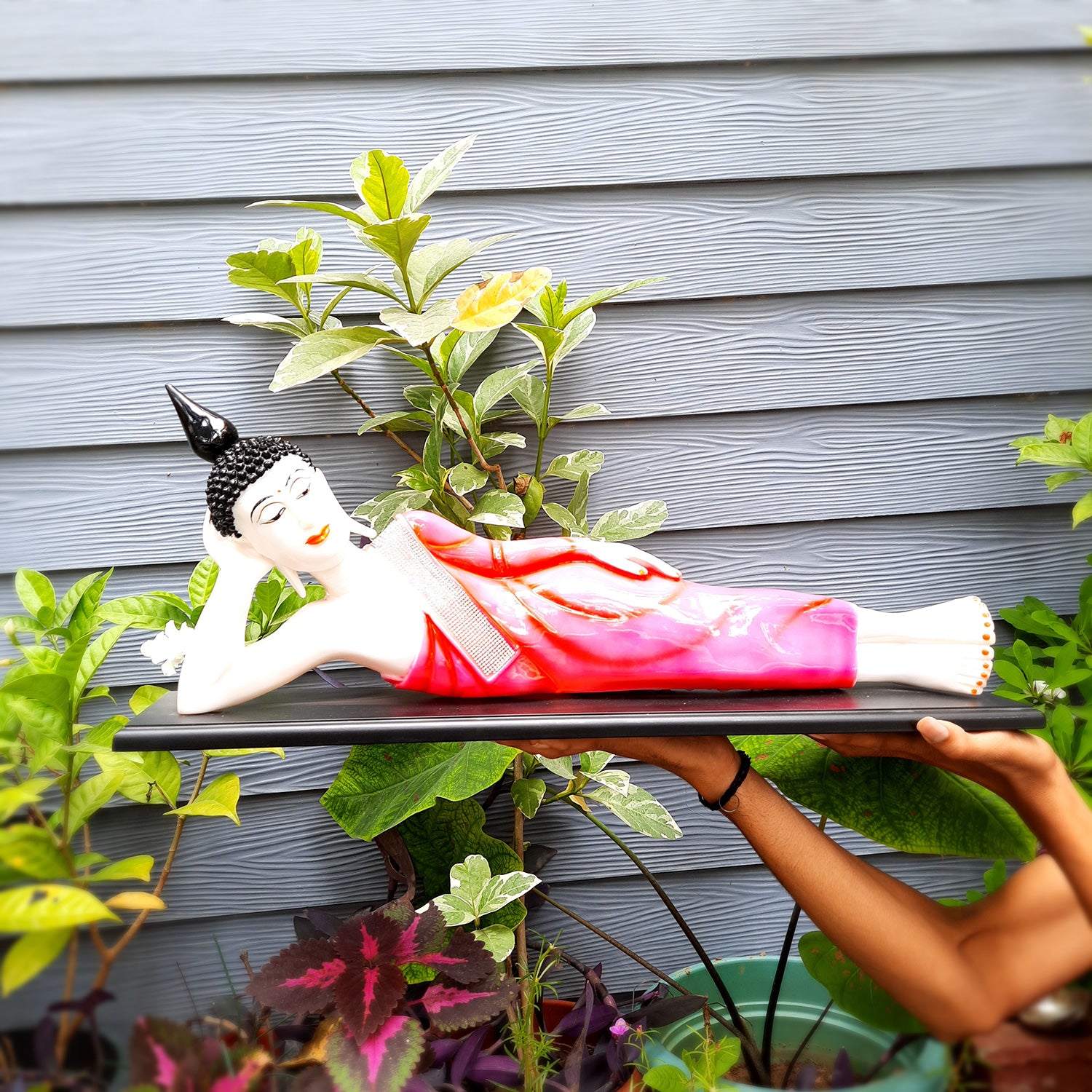 Buddha Statue | Lord Gautam Buddha Idol Showpiece -in Relaxing Pose - for Living Room, Home, Table, Office Decor & Gift - 13 inch (Pink)- Apkamart