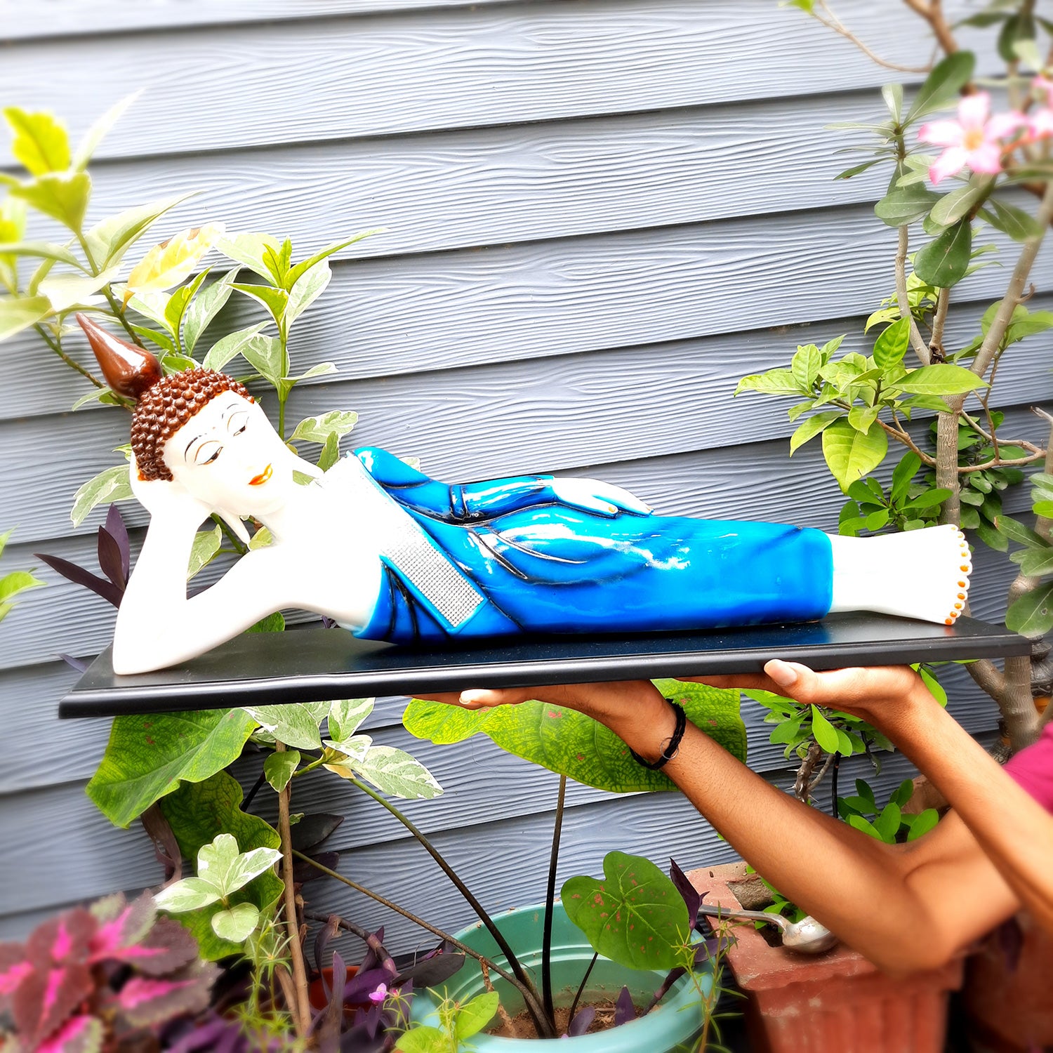 Buddha Statue | Lord Gautam Buddha Idol Showpiece -in Relaxing Pose - for Living Room, Home, Table, Office Decor & Gift - 9 inch (Blue)-Apkamart