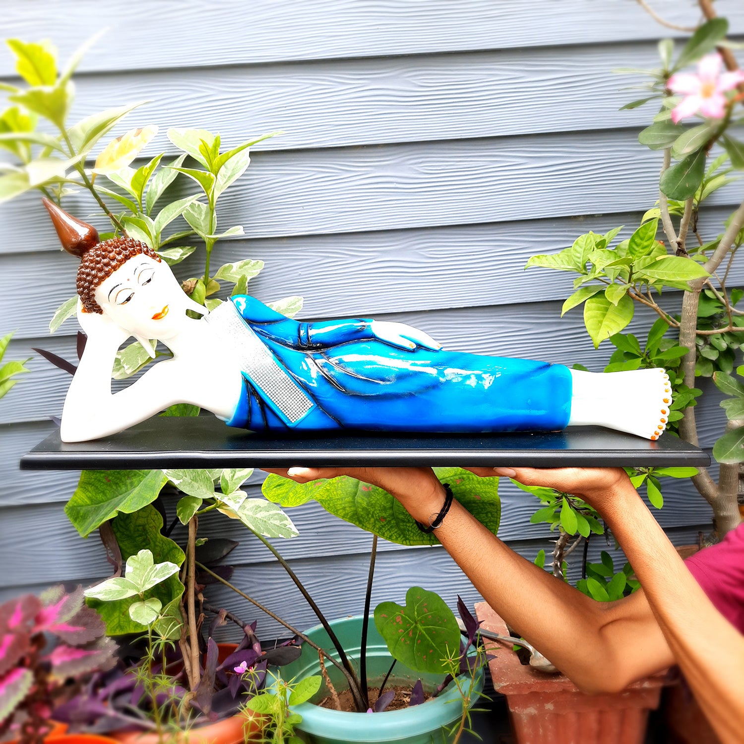 Buddha Statue | Lord Gautam Buddha Idol Showpiece -in Relaxing Pose - for Living Room, Home, Table, Office Decor & Gift - 9 inch (Blue)-Apkamart