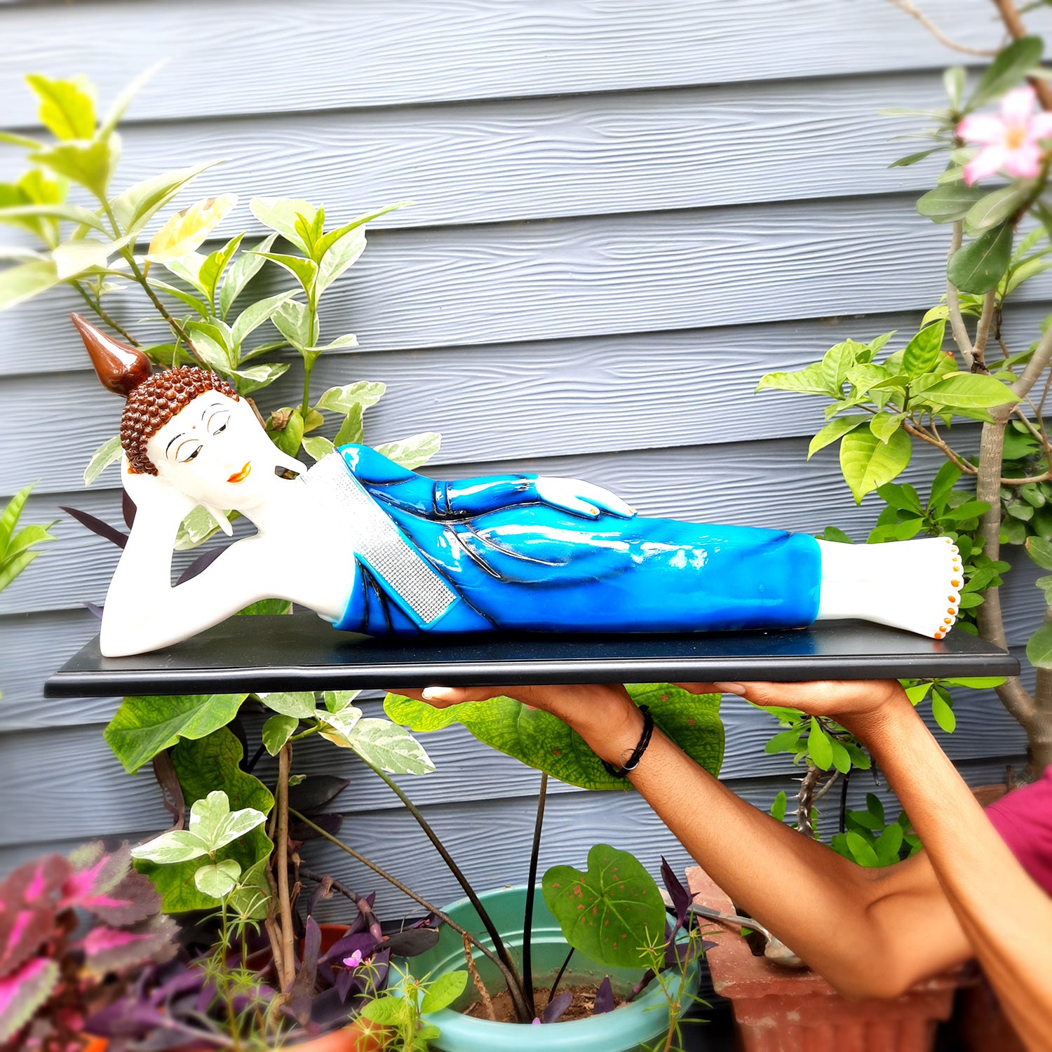 Buddha Statue | Lord Gautam Buddha Idol Showpiece -in Relaxing Pose - for Living Room, Home, Table, Office Decor & Gift - 9 inch (Blue)-Apkamart