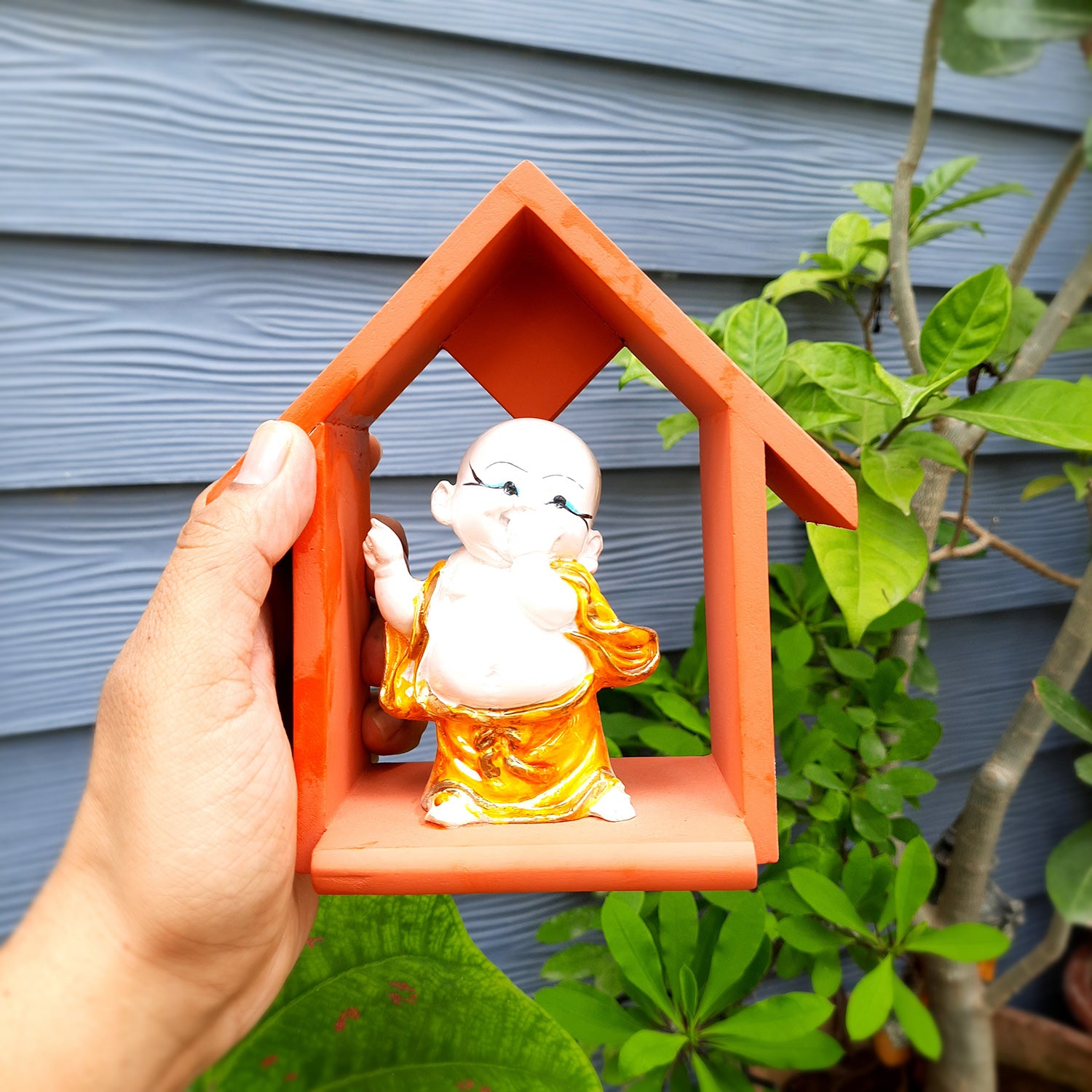 Buddha Baby Monk Showpiece - Hut Design | Wall Hanging Cum Table Feng Shui Decor - For Good Luck, Home, Wall Table, Office Decor & Gift - 7 Inch - Apkamart