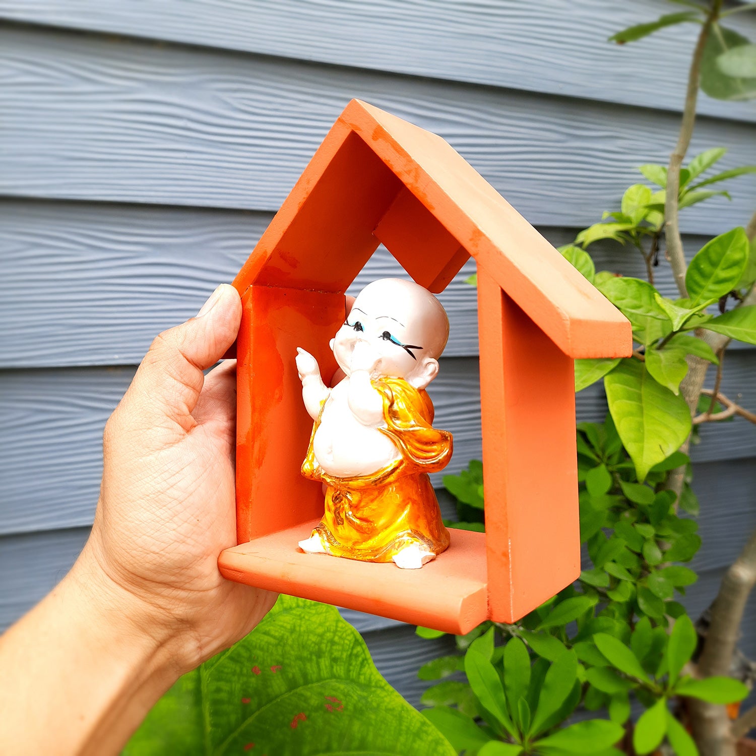 Buddha Baby Monk Showpiece - Hut Design | Wall Hanging Cum Table Feng Shui Decor - For Good Luck, Home, Wall Table, Office Decor & Gift - 7 Inch - Apkamart