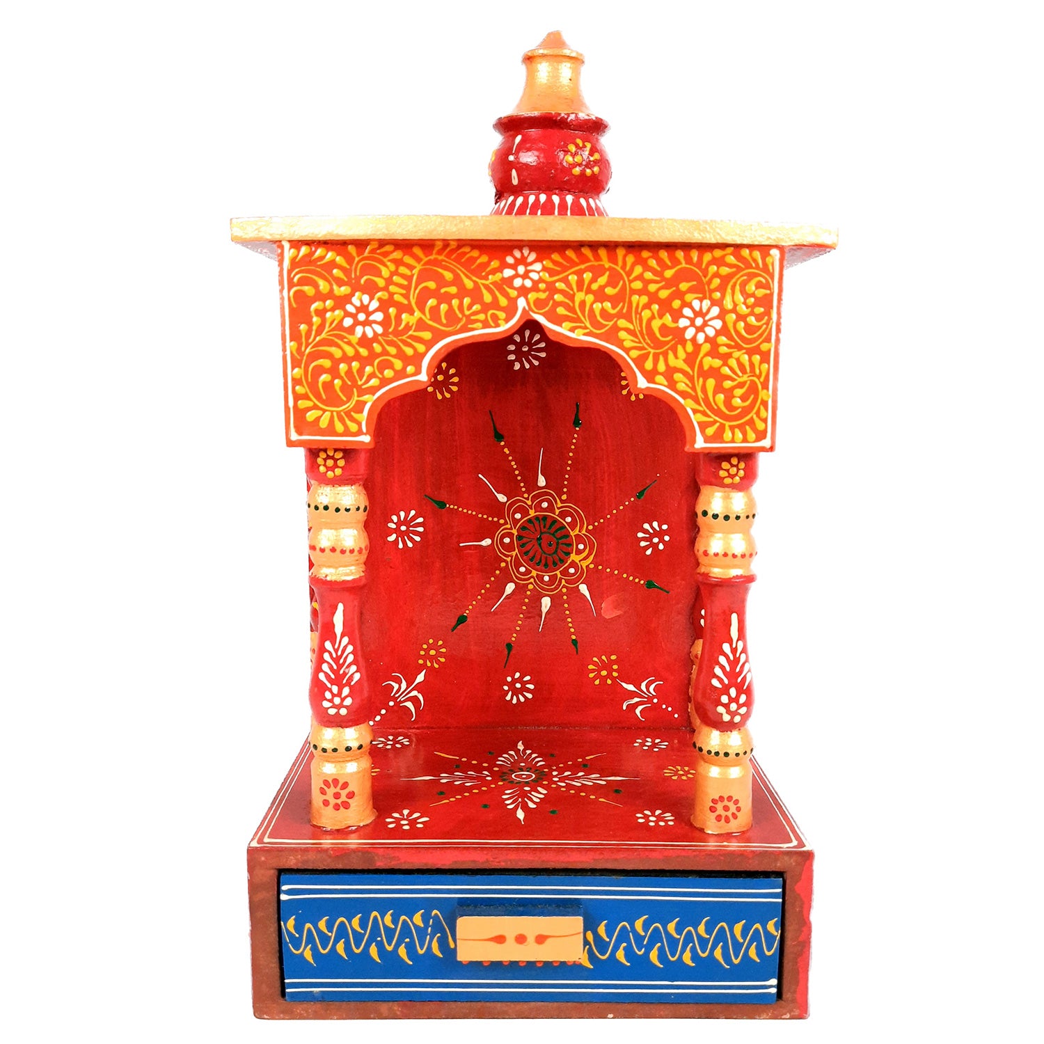 Pooja Temple Wooden | God Temple For Home With In Built Drawer | Puja Mandir With Storage | Pooja Unit Wall Mounted - For Ghar, Office, House, Shop 13 inch -Apkamart