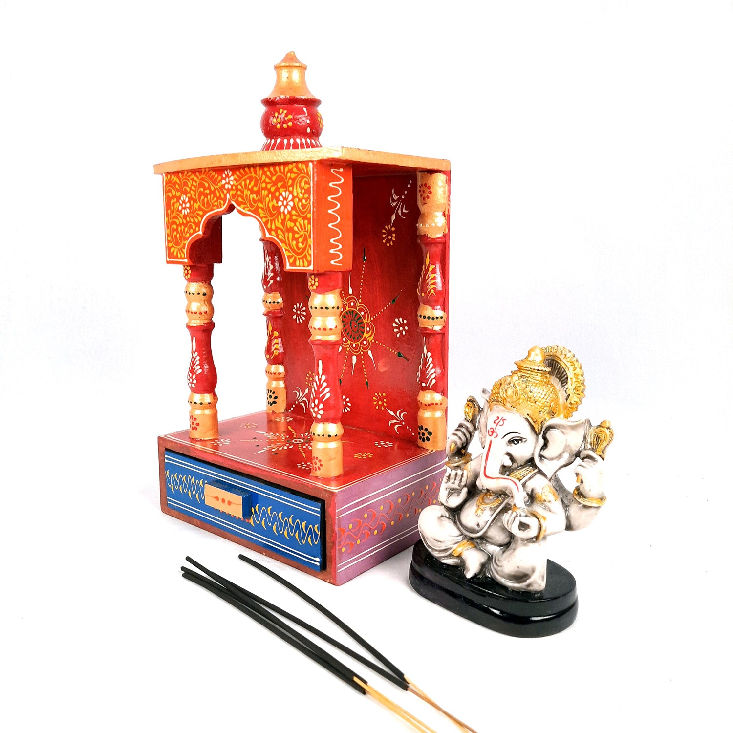 Pooja Temple Wooden | God Temple For Home With In Built Drawer | Puja Mandir With Storage | Pooja Unit Wall Mounted - For Ghar, Office, House, Shop 13 inch -Apkamart