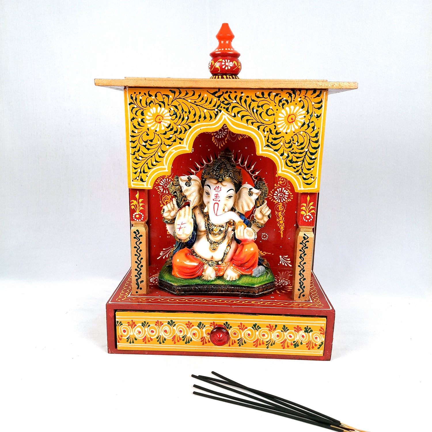Pooja Temple Wooden With Storage Drawer | Mandir For Home | Puja Stand / Mandap Wall Mounted - For Religious Decor, House, Ghar, Office, Shop - Apkamart #Size_17 inch