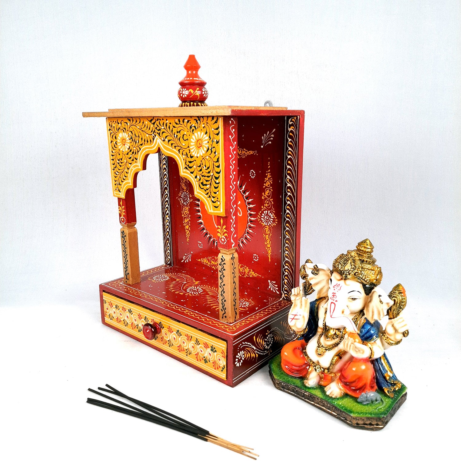 Pooja Temple Wooden With Storage Drawer | Mandir For Home | Puja Stand / Mandap Wall Mounted - For Religious Decor, House, Ghar, Office, Shop - Apkamart #Size_17 inch
