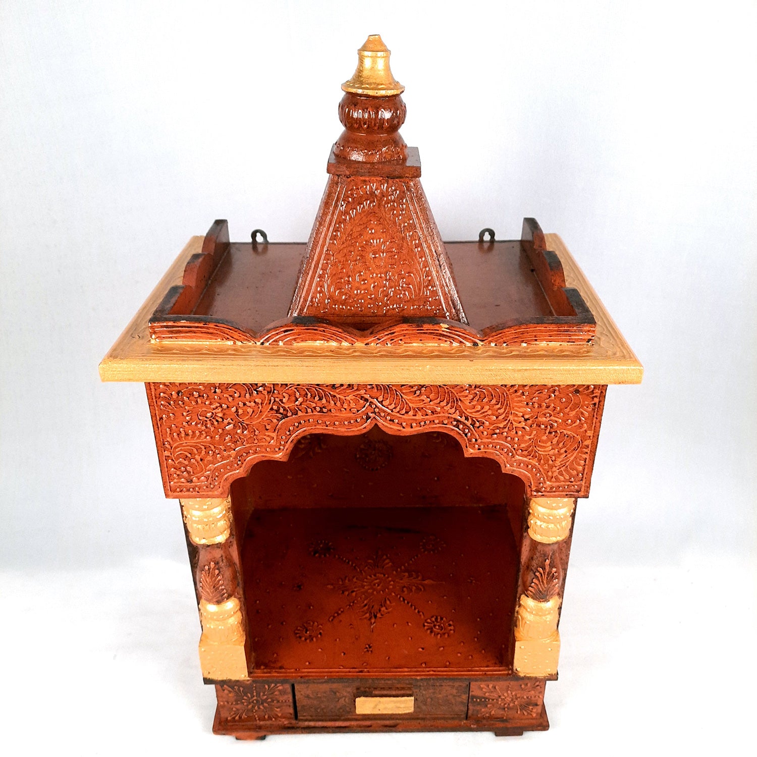 Pooja Temple Wooden With Closed Sides | God Temple For Home | Antique Puja Stand Mandir - Wall Mounted – For Ghar, Office, Shop - 23 Inch - Apkamart
