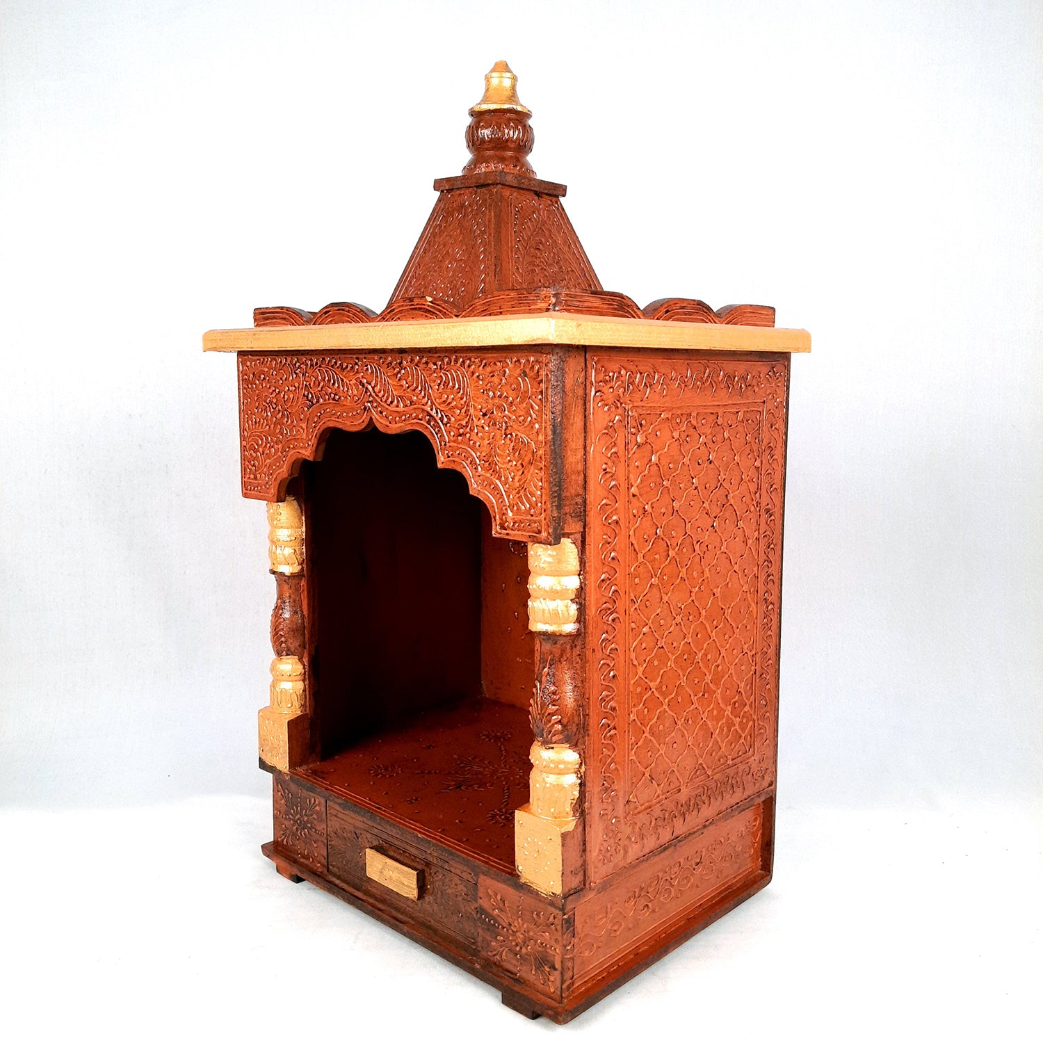 Pooja Temple Wooden With Closed Sides | God Temple For Home | Antique Puja Stand Mandir - Wall Mounted – For Ghar, Office, Shop - 23 Inch - Apkamart