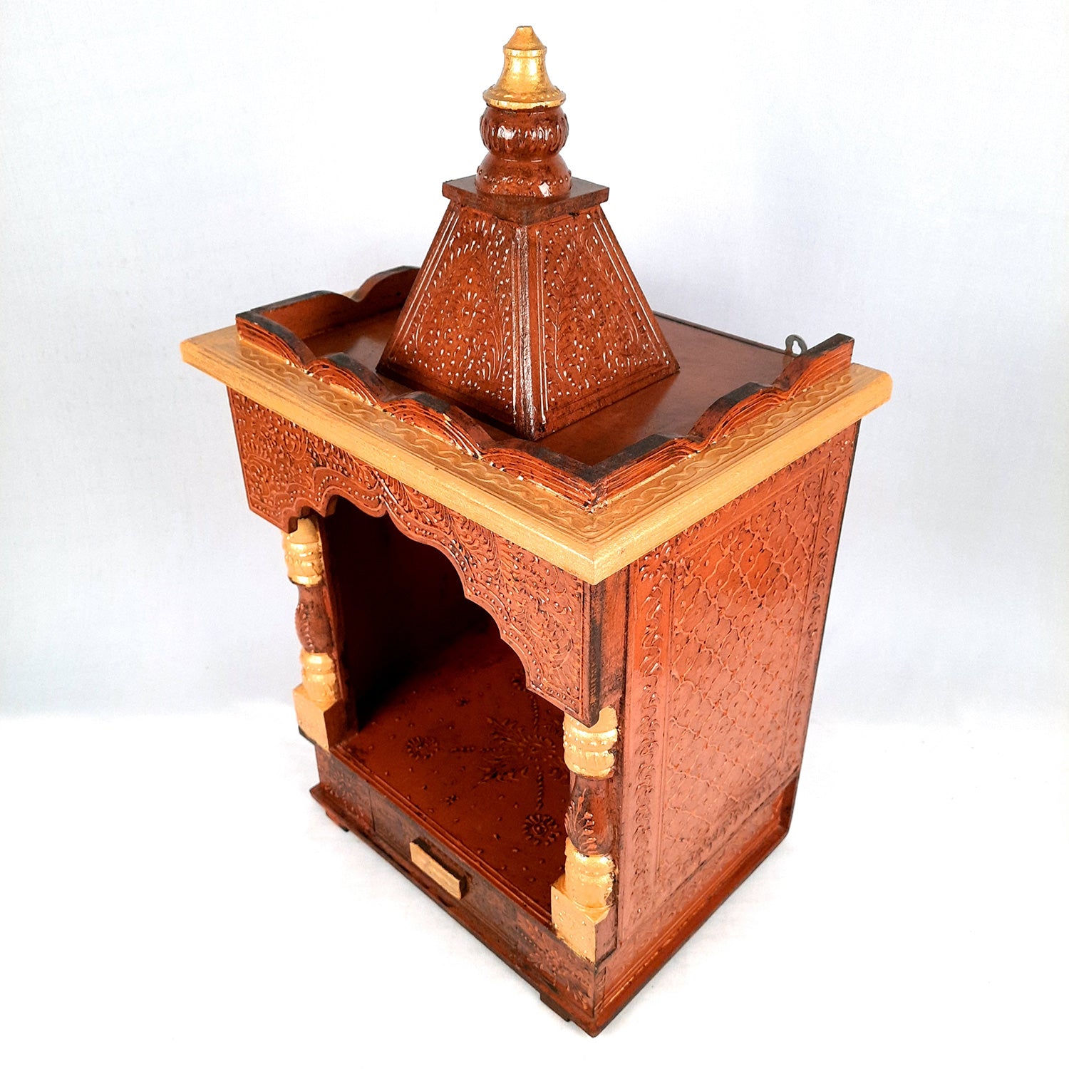 Pooja Temple Wooden With Closed Sides | God Temple For Home | Antique Puja Stand Mandir - Wall Mounted – For Ghar, Office, Shop - 23 Inch - Apkamart
