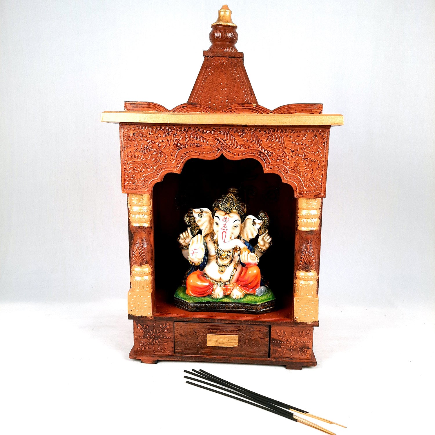 Pooja Temple Wooden With Closed Sides | God Temple For Home | Antique Puja Stand Mandir - Wall Mounted – For Ghar, Office, Shop - 23 Inch - Apkamart