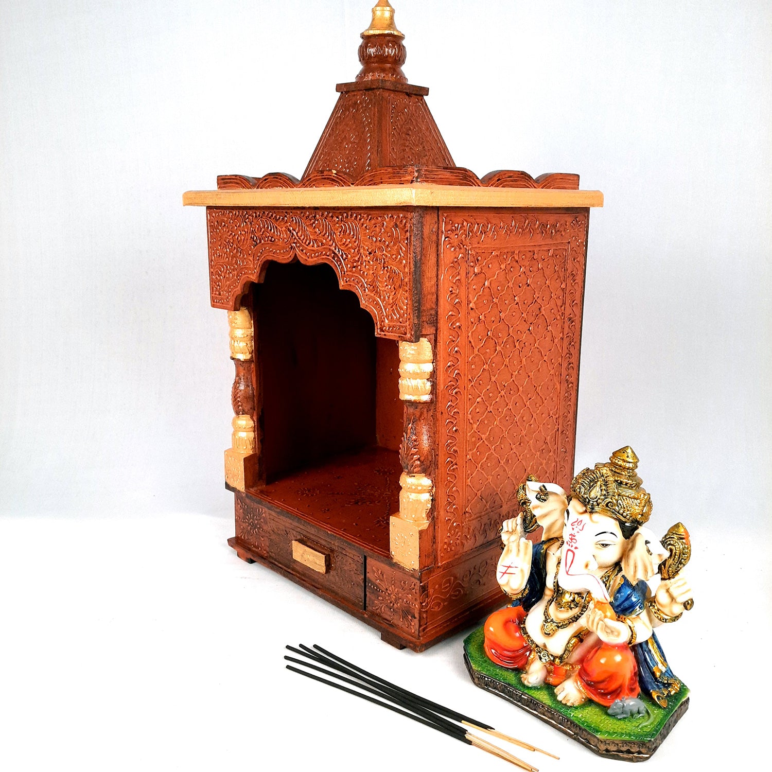 Pooja Temple Wooden With Closed Sides | God Temple For Home | Antique Puja Stand Mandir - Wall Mounted – For Ghar, Office, Shop - 23 Inch - Apkamart