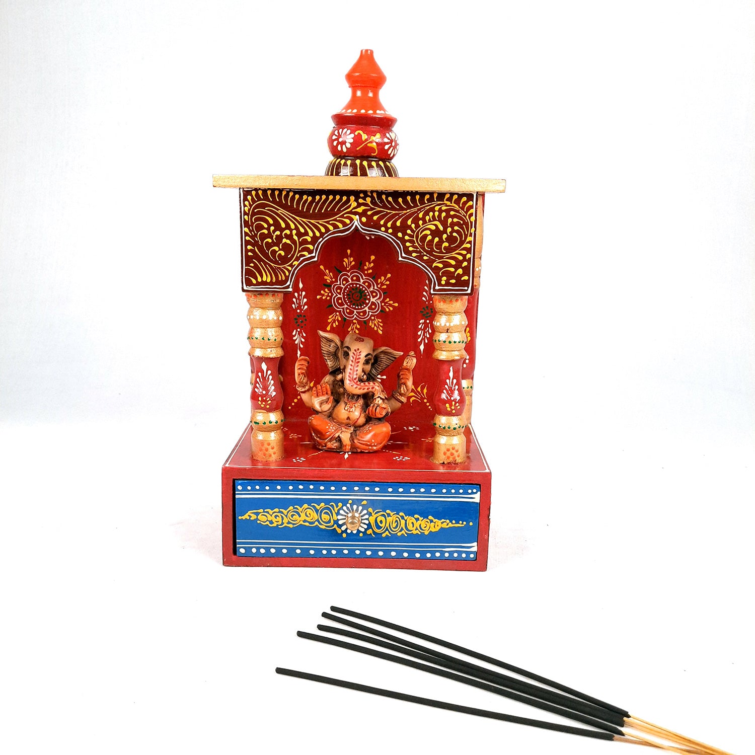 Pooja Mandir | Home Temple Wooden With Storage Drawer | Puja Stand / Mandap Wall Hanging – For Home, Ghar, Office, Shop - 14 inch - Apkamart
