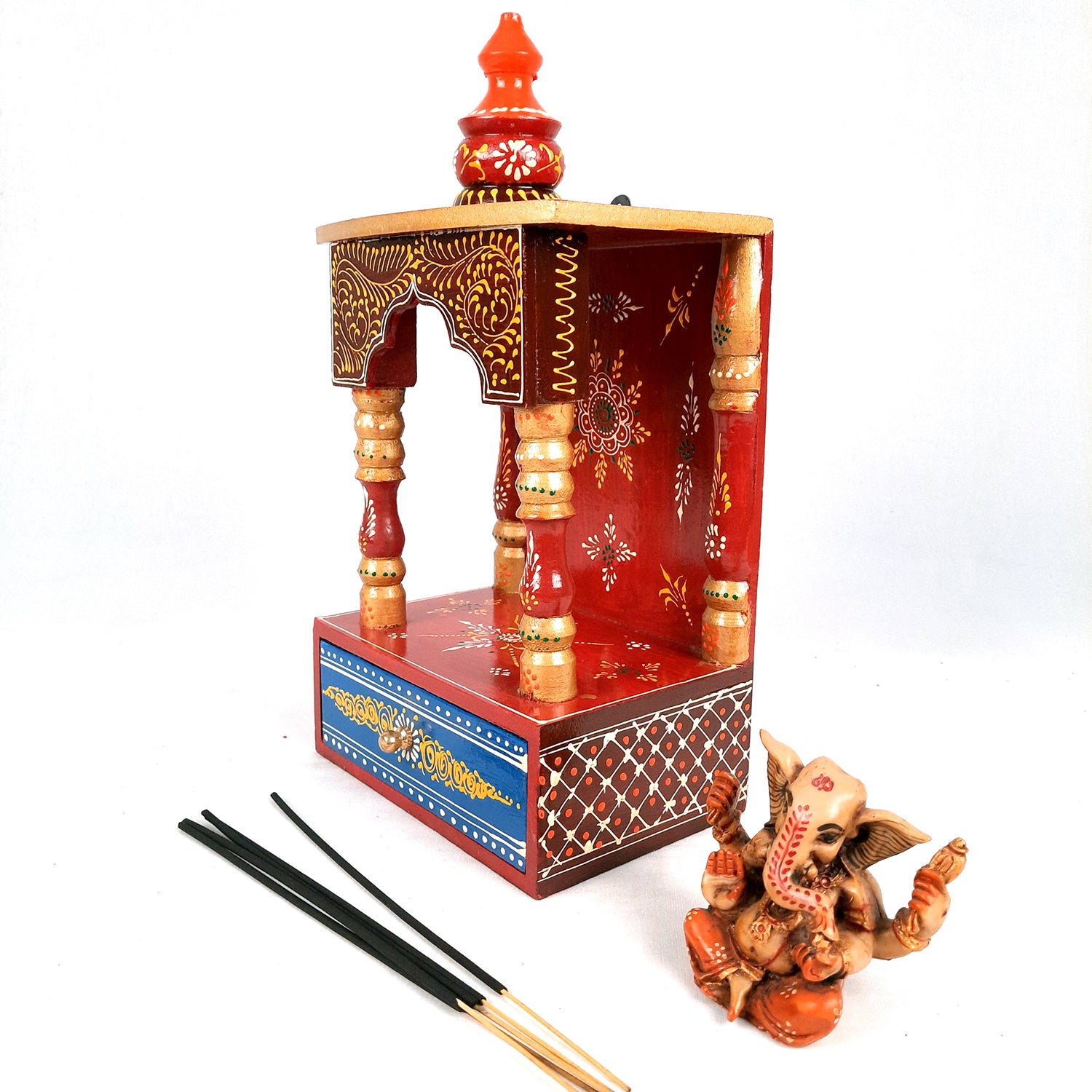Pooja Mandir | Home Temple Wooden With Storage Drawer | Puja Stand / Mandap Wall Hanging – For Home, Ghar, Office, Shop - 14 inch - Apkamart