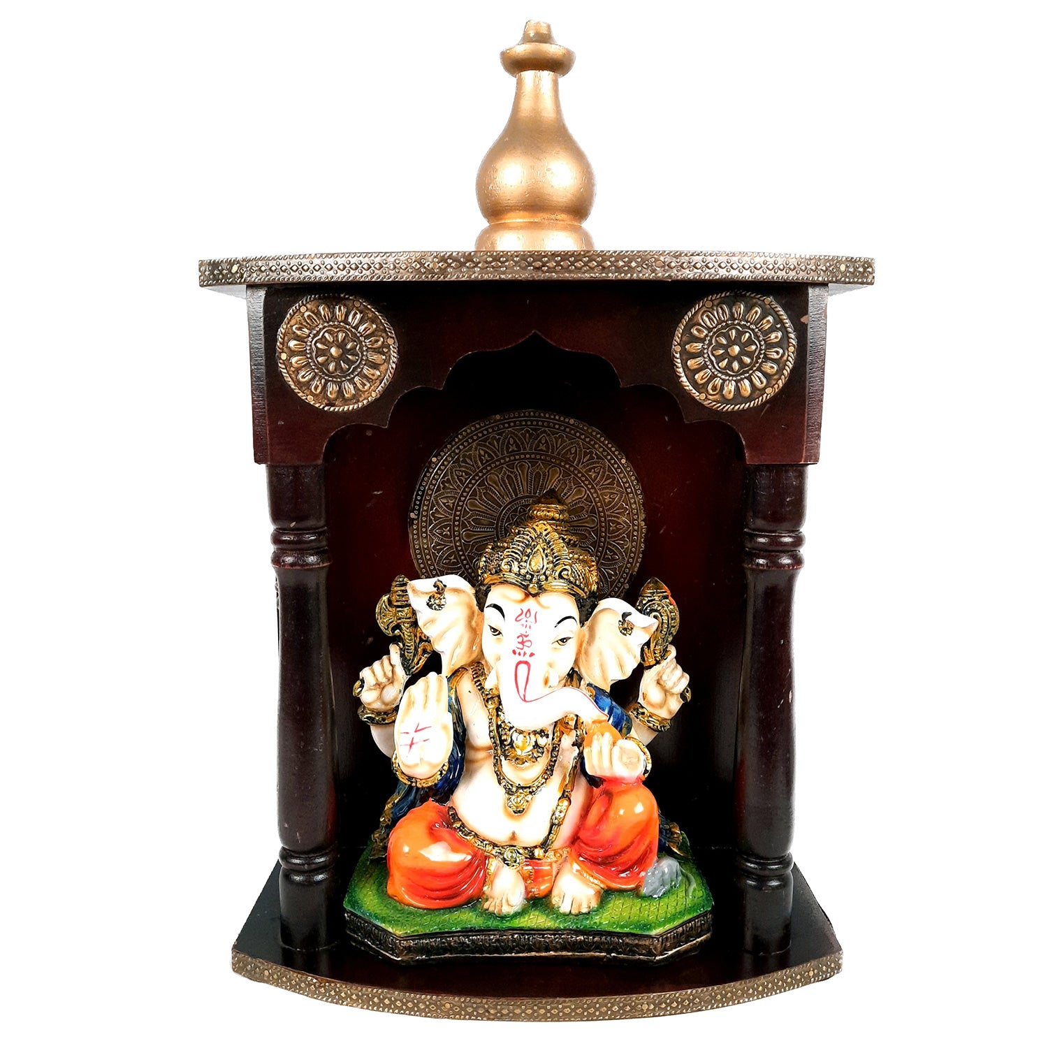 Pooja Mandir | Home Temple With Premium Wood Finish | Brass Puja Stand / Unit Wall Hanging – For Home, Ghar, Office, Shop - 18 inch - Apkamart