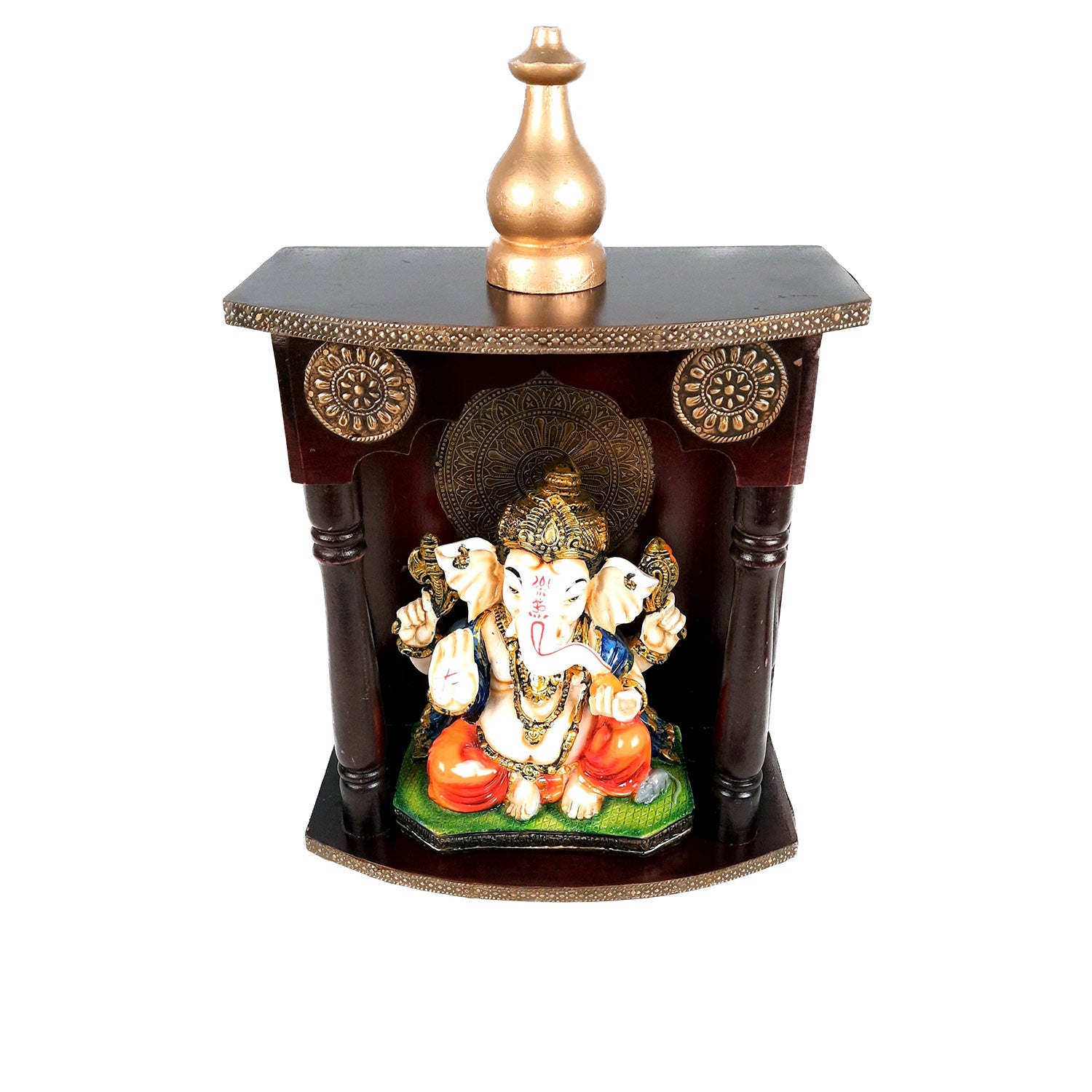 Pooja Mandir | Home Temple With Premium Wood Finish | Brass Puja Stand / Unit Wall Hanging – For Home, Ghar, Office, Shop - 18 inch - Apkamart