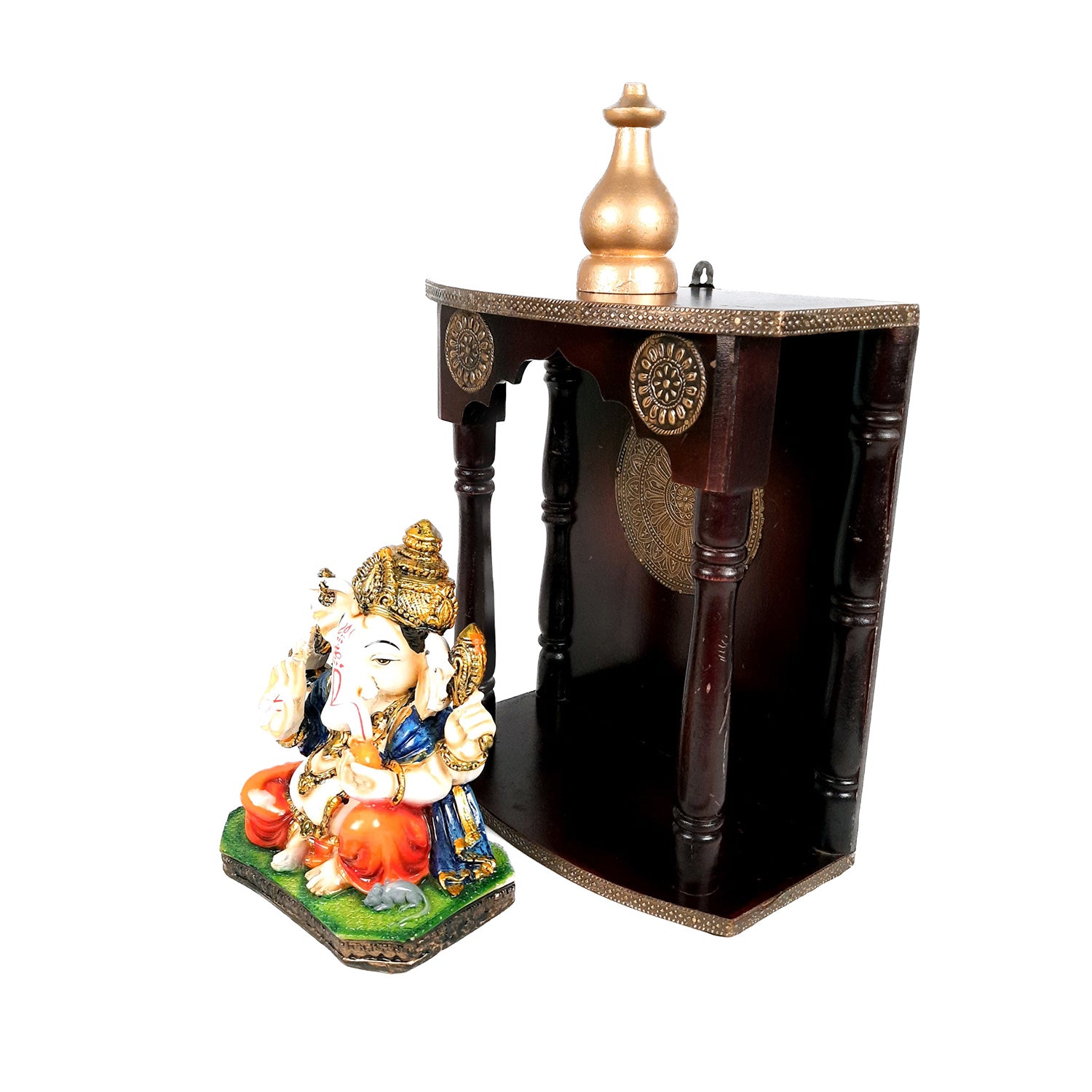 Pooja Mandir | Home Temple With Premium Wood Finish | Brass Puja Stand / Unit Wall Hanging – For Home, Ghar, Office, Shop - 18 inch - Apkamart