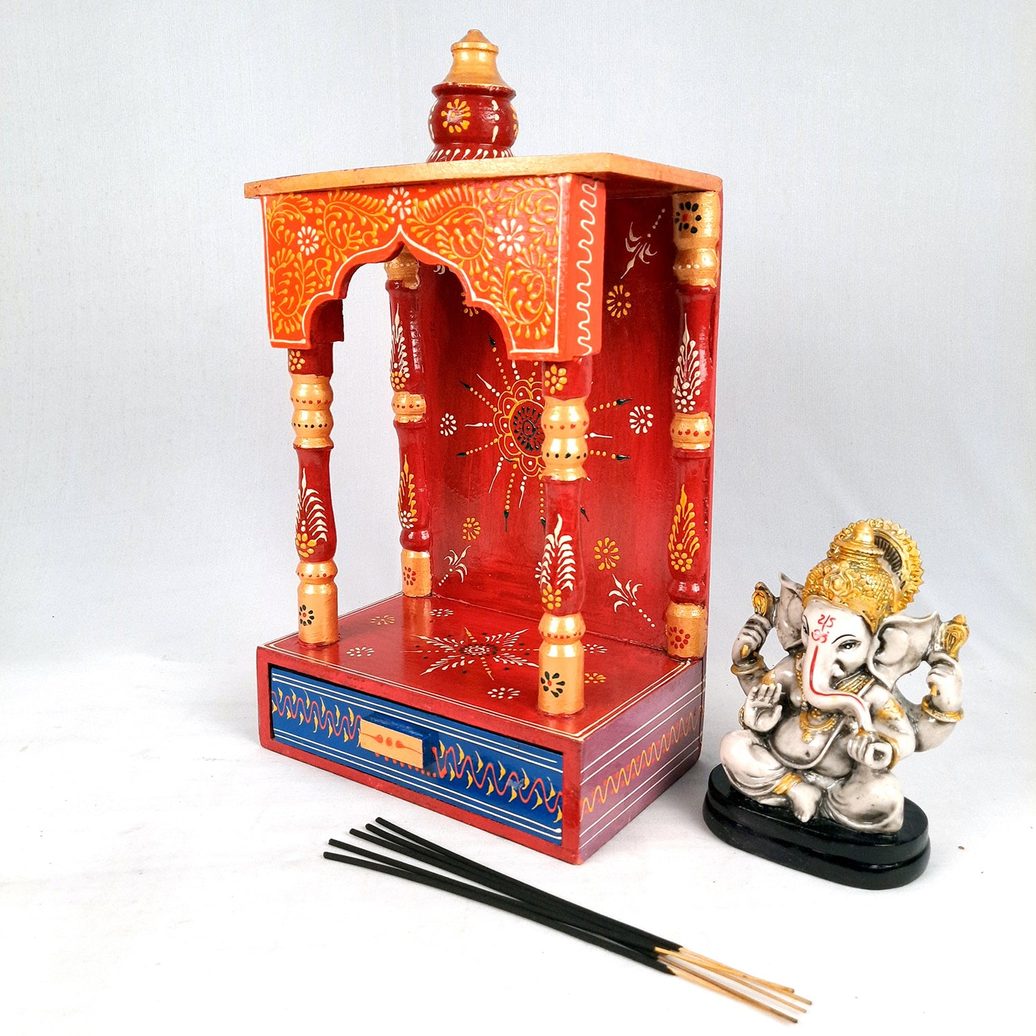 Pooja Temple with In Built Storage Drawer | Mandap For God |Puja Mandir Wall Mount - For Home , Puja Room, Office & Gifts - 15 Inch - Apkamart #Style_Style 1