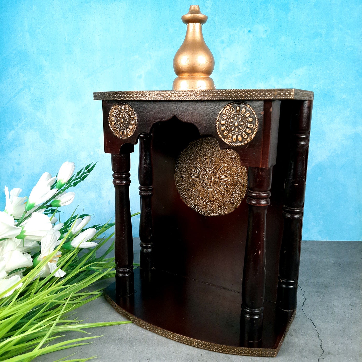 Pooja Mandir | Home Temple With Premium Wood Finish | Brass Puja Stand / Unit Wall Hanging – For Home, Ghar, Office, Shop - 18 inch - Apkamart