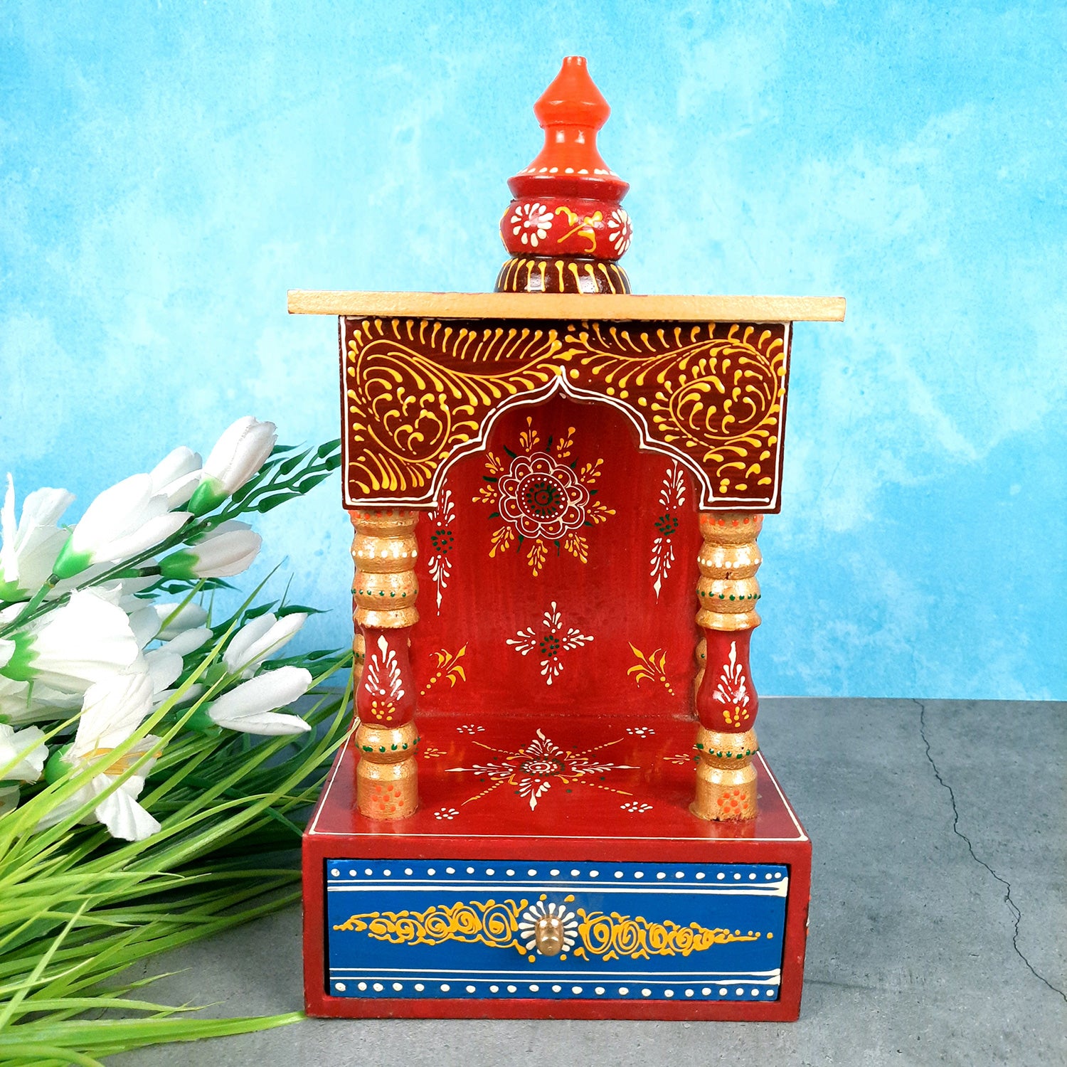 Pooja Temple Wooden | God Temple For Home With In Built Drawer | Puja Mandir With Storage | Pooja Unit Wall Mounted - For Ghar, Office, House, Shop 13 inch -Apkamart