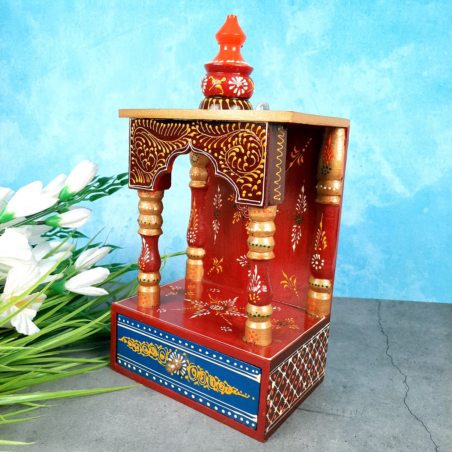 Pooja Temple Wooden | God Temple For Home With In Built Drawer | Puja Mandir With Storage | Pooja Unit Wall Mounted - For Ghar, Office, House, Shop 13 inch -Apkamart