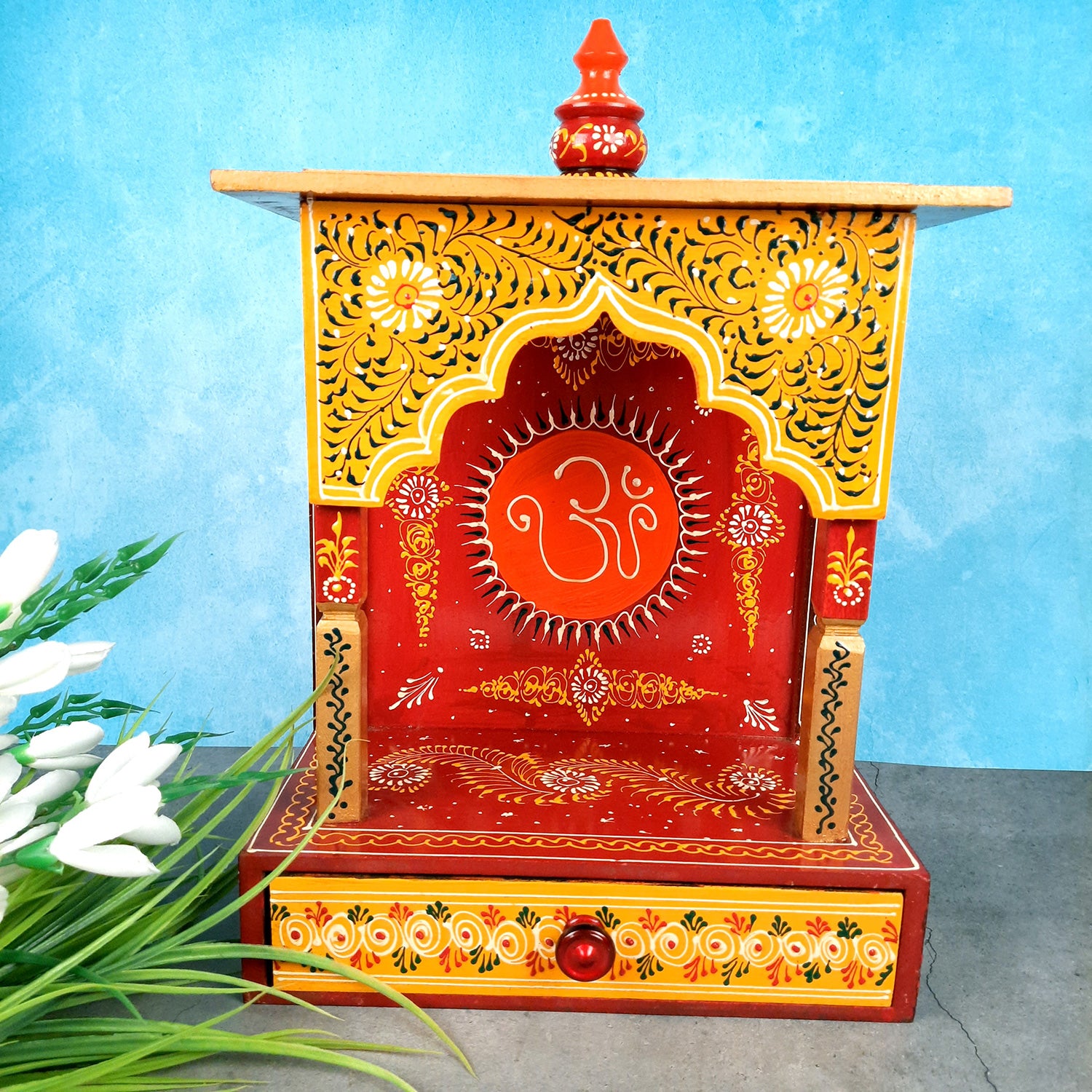 Pooja Temple Wooden With Storage Drawer | Mandir For Home | Puja Stand / Mandap Wall Mounted - For Religious Decor, House, Ghar, Office, Shop - Apkamart #Size_17 inch