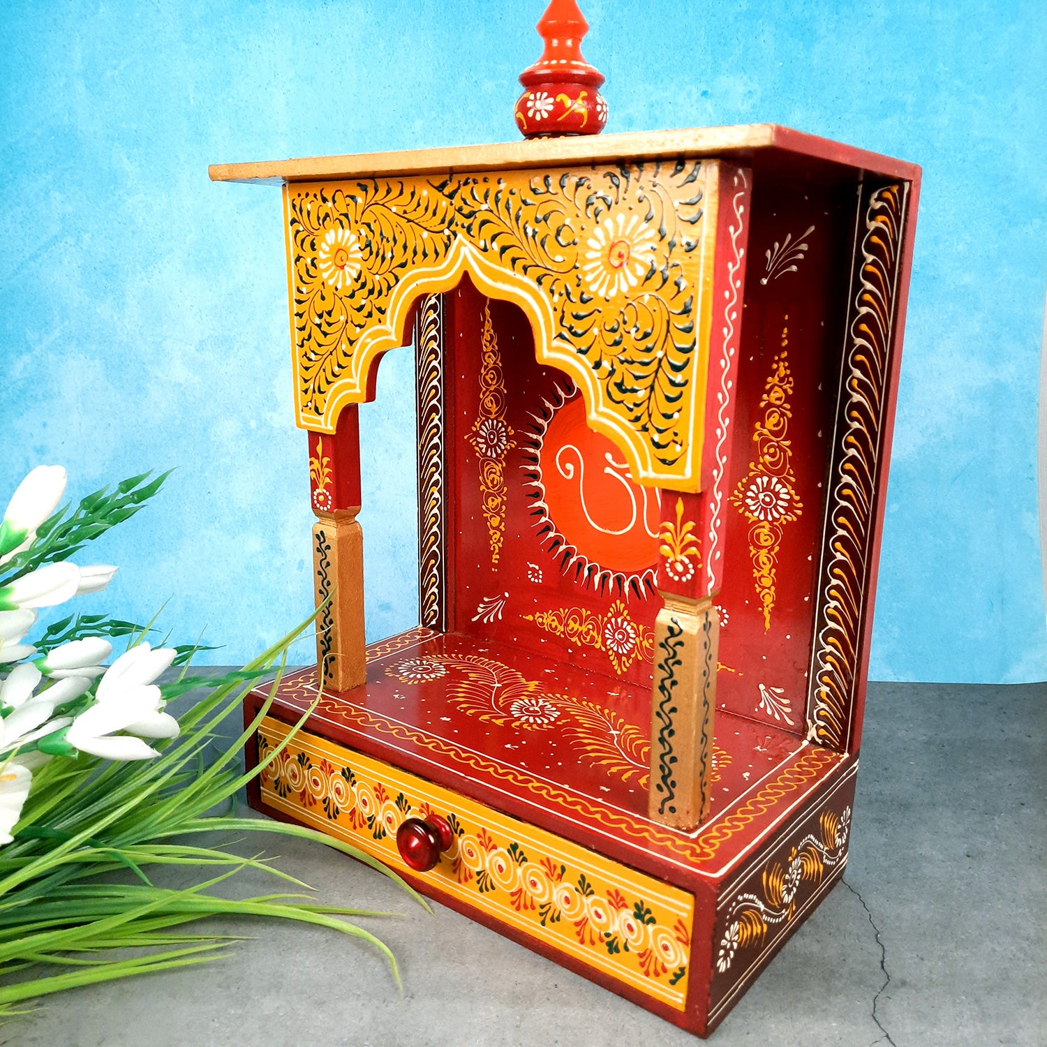 Pooja Temple Wooden With Storage Drawer | Mandir For Home | Puja Stand / Mandap Wall Mounted - For Religious Decor, House, Ghar, Office, Shop - Apkamart #Size_17 inch
