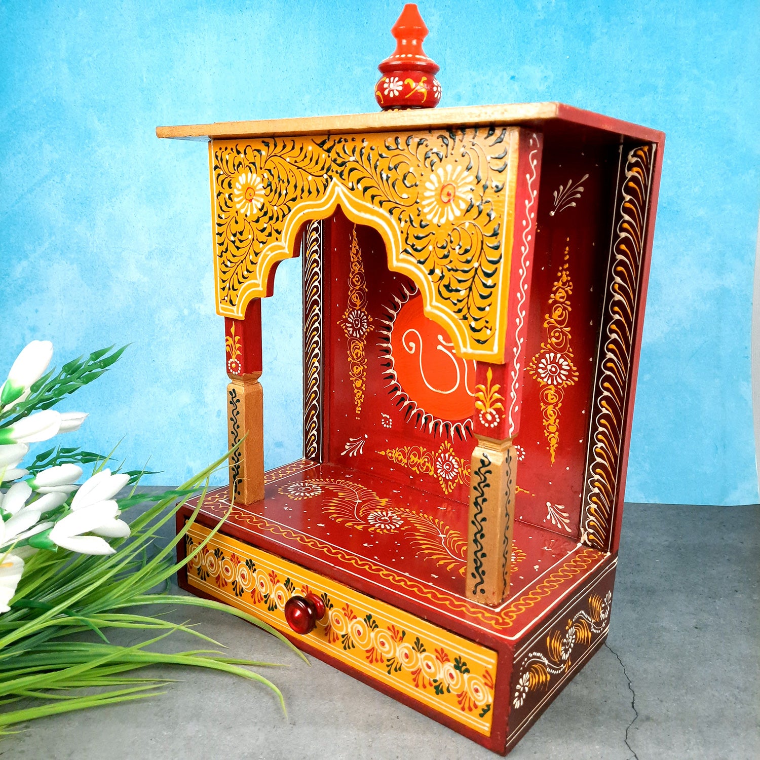 Pooja Temple Wooden With Storage Drawer | Mandir For Home | Puja Stand / Mandap Wall Mounted - For Religious Decor, House, Ghar, Office, Shop - Apkamart #Size_17 inch