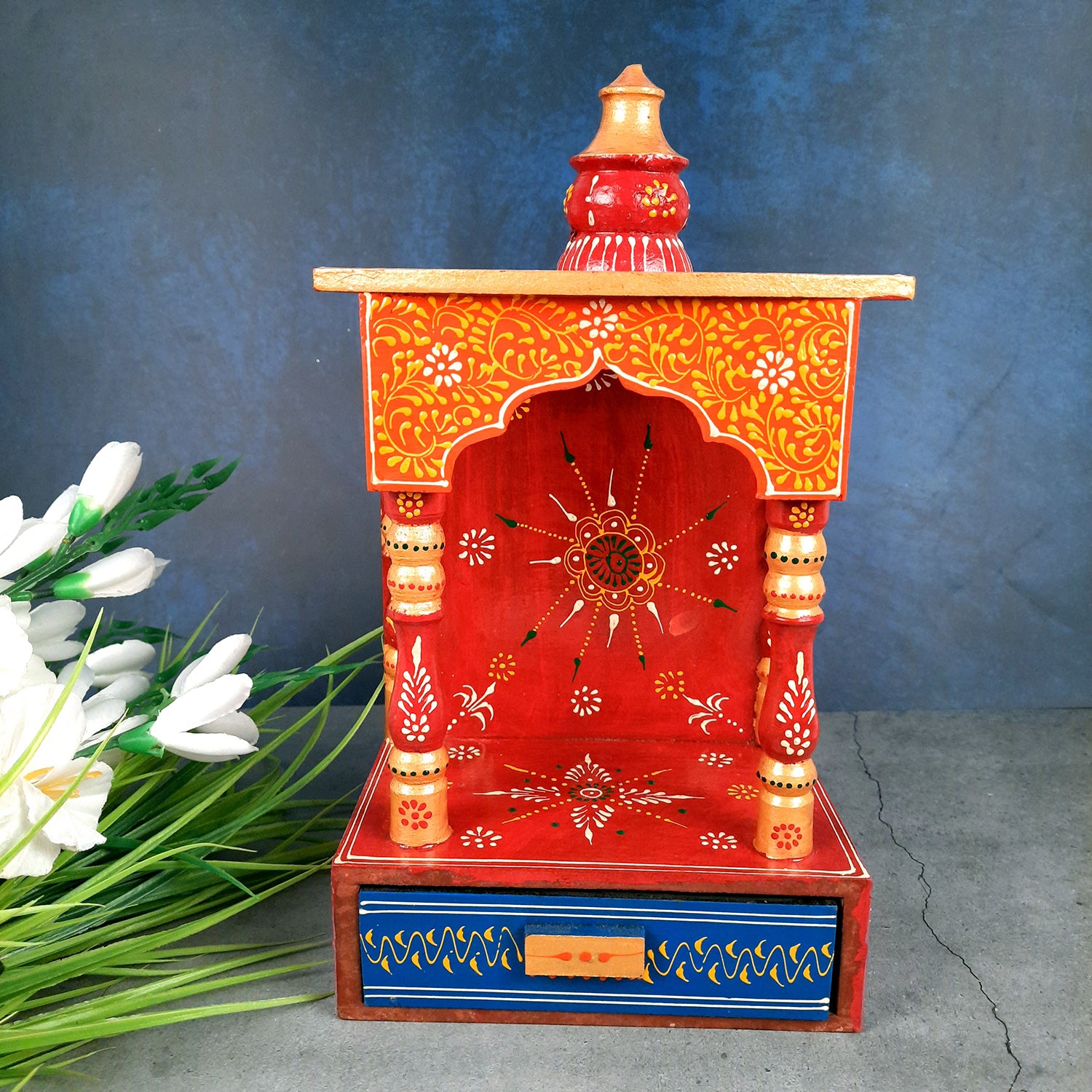 Pooja Mandir | Home Temple Wooden With Storage Drawer | Puja Stand / Mandap Wall Hanging – For Home, Ghar, Office, Shop - 14 inch - Apkamart