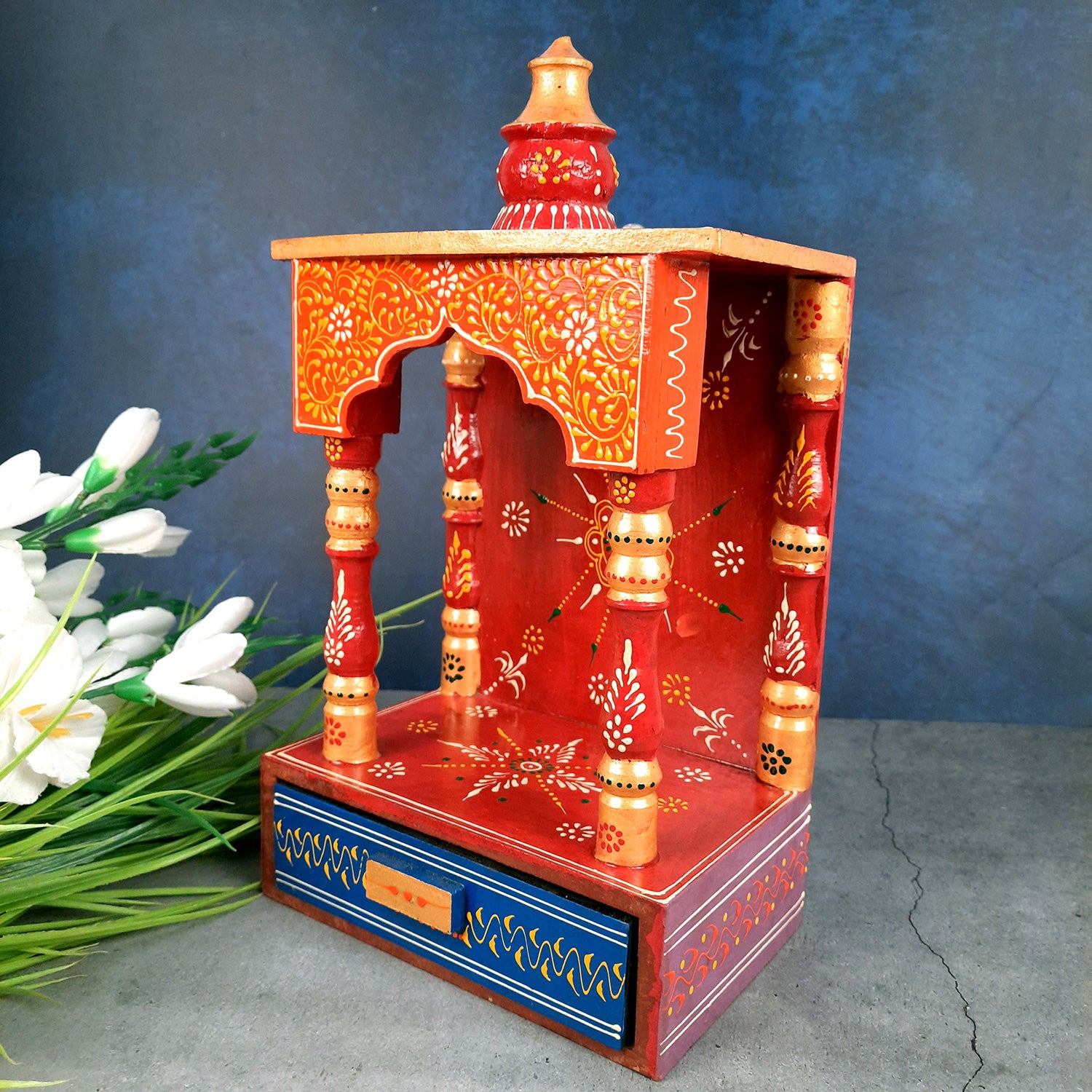 Pooja Mandir | Home Temple Wooden With Storage Drawer | Puja Stand / Mandap Wall Hanging – For Home, Ghar, Office, Shop - 14 inch - Apkamart