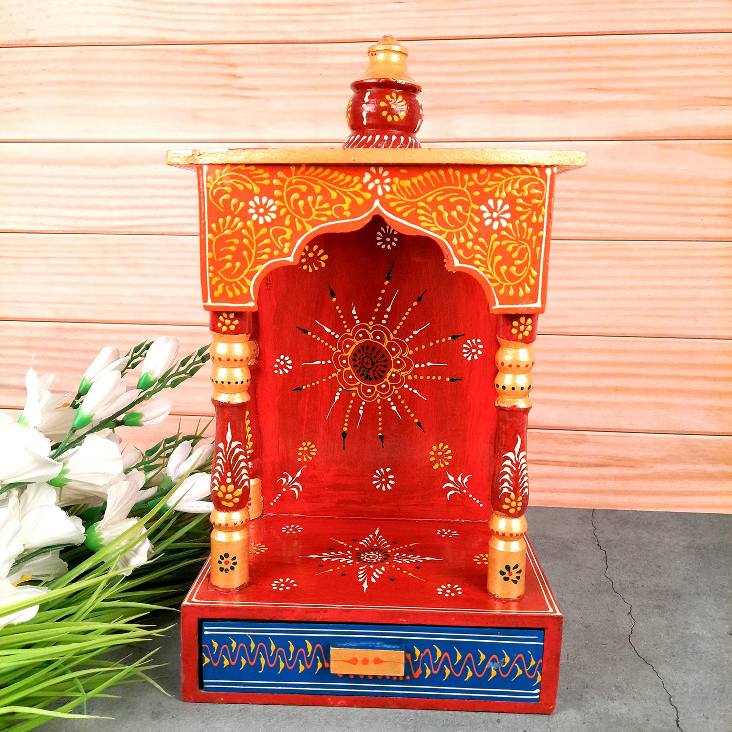 Pooja Temple with In Built Storage Drawer | Mandap For God |Puja Mandir Wall Mount - For Home , Puja Room, Office & Gifts - 15 Inch - Apkamart #Style_Style 1